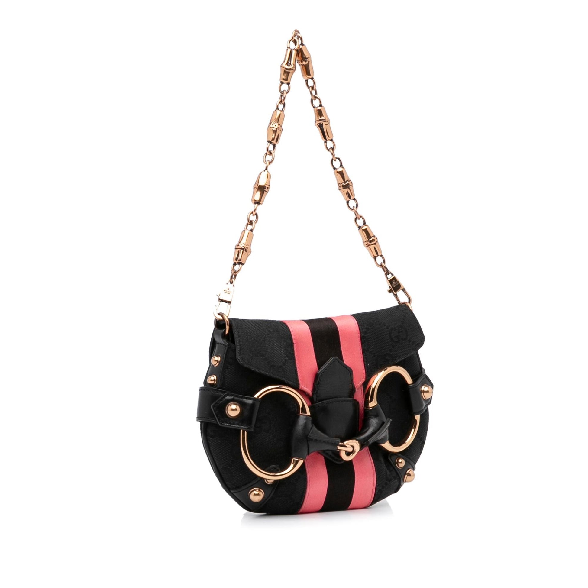 Gucci GG Horsebit Baguette SHG-FcwgFl Canvas Black Pink Chain Handbag