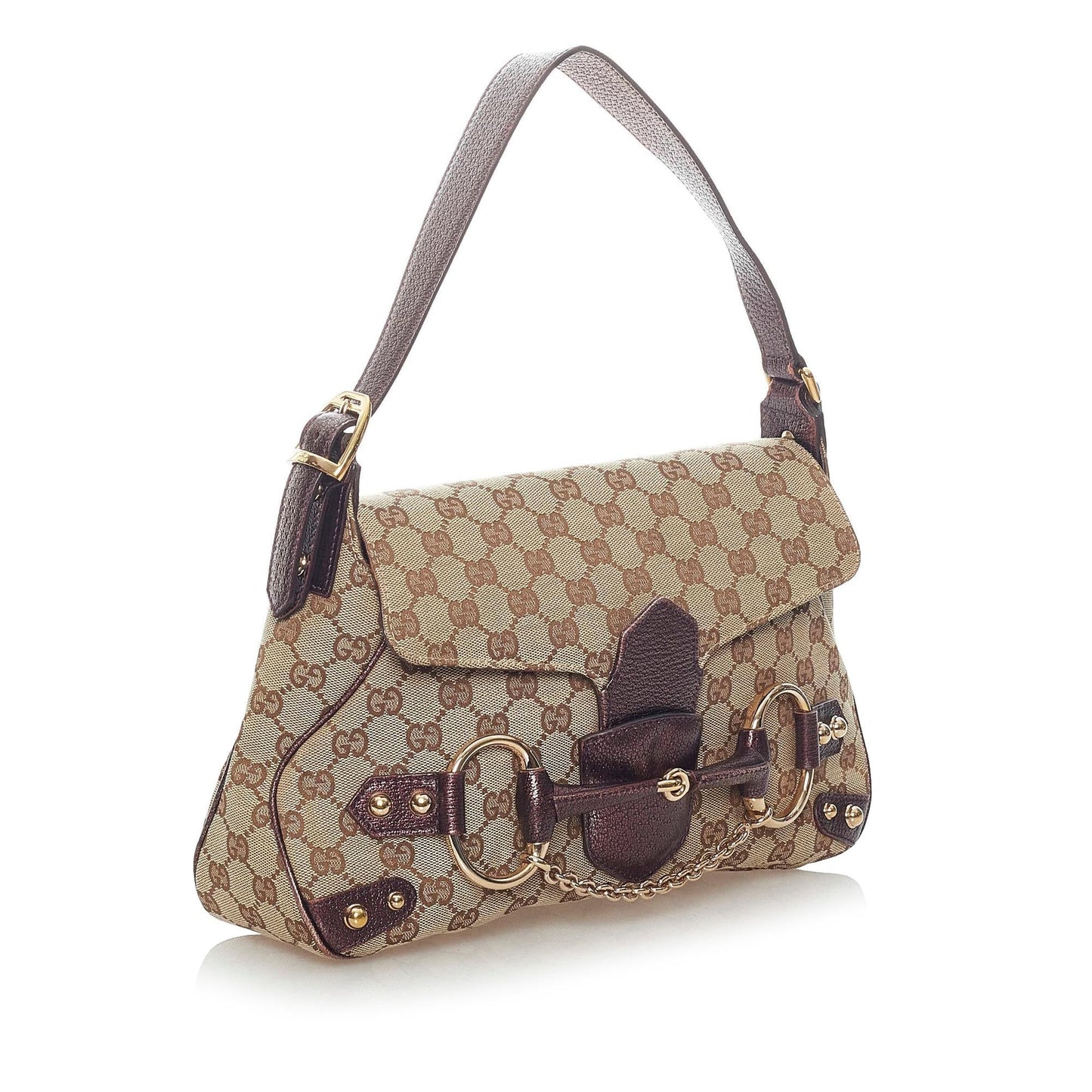 Gucci GG Horsebit SHG Canvas Calf Brown Satchel Bag