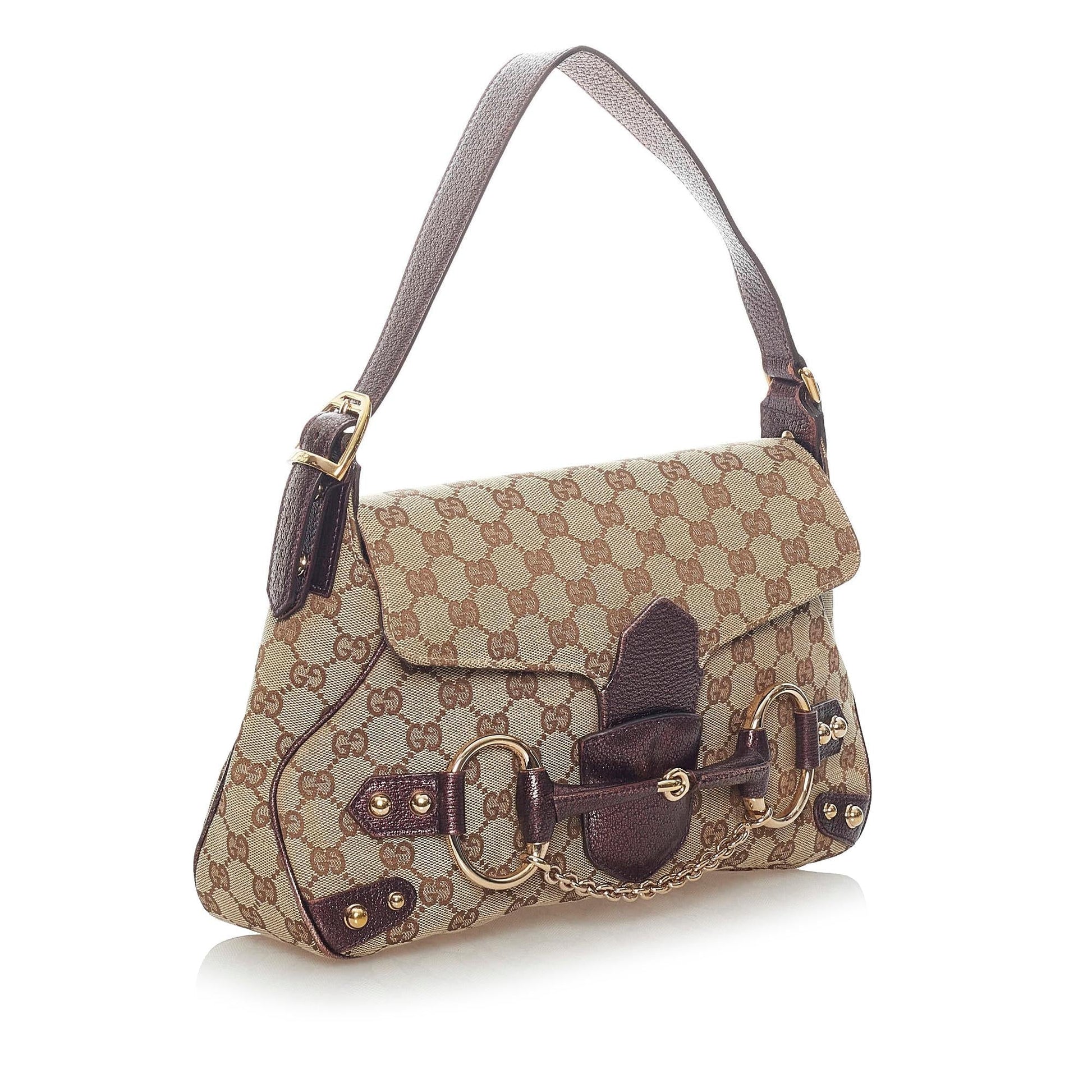 Gucci GG Horsebit SHG Canvas Calf Brown Satchel Bag