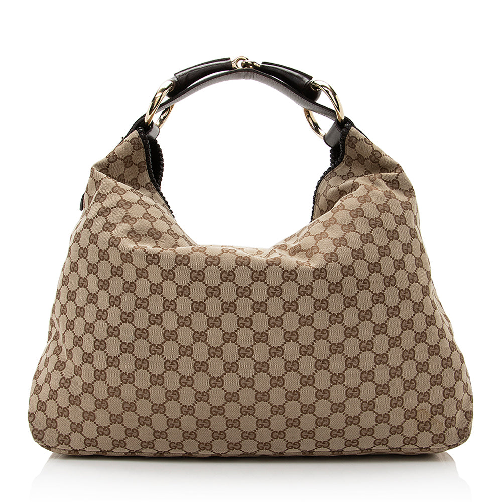 Gucci GG Horsebit SHF Leather Canvas Brown Beige Shoulder Bag