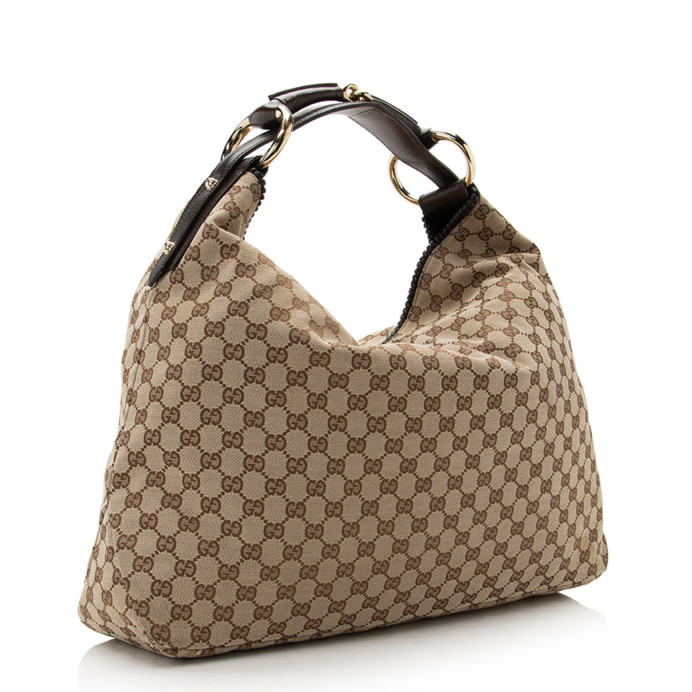 Gucci GG Horsebit SHF Leather Canvas Brown Beige Shoulder Bag
