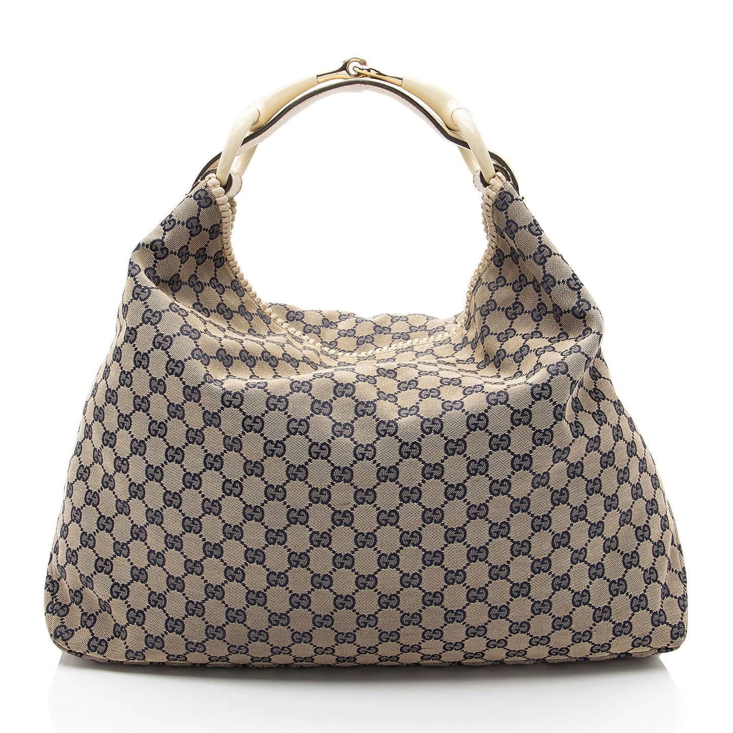 Gucci GG Horsebit Leather Canvas Beige Blue Shoulder Bag