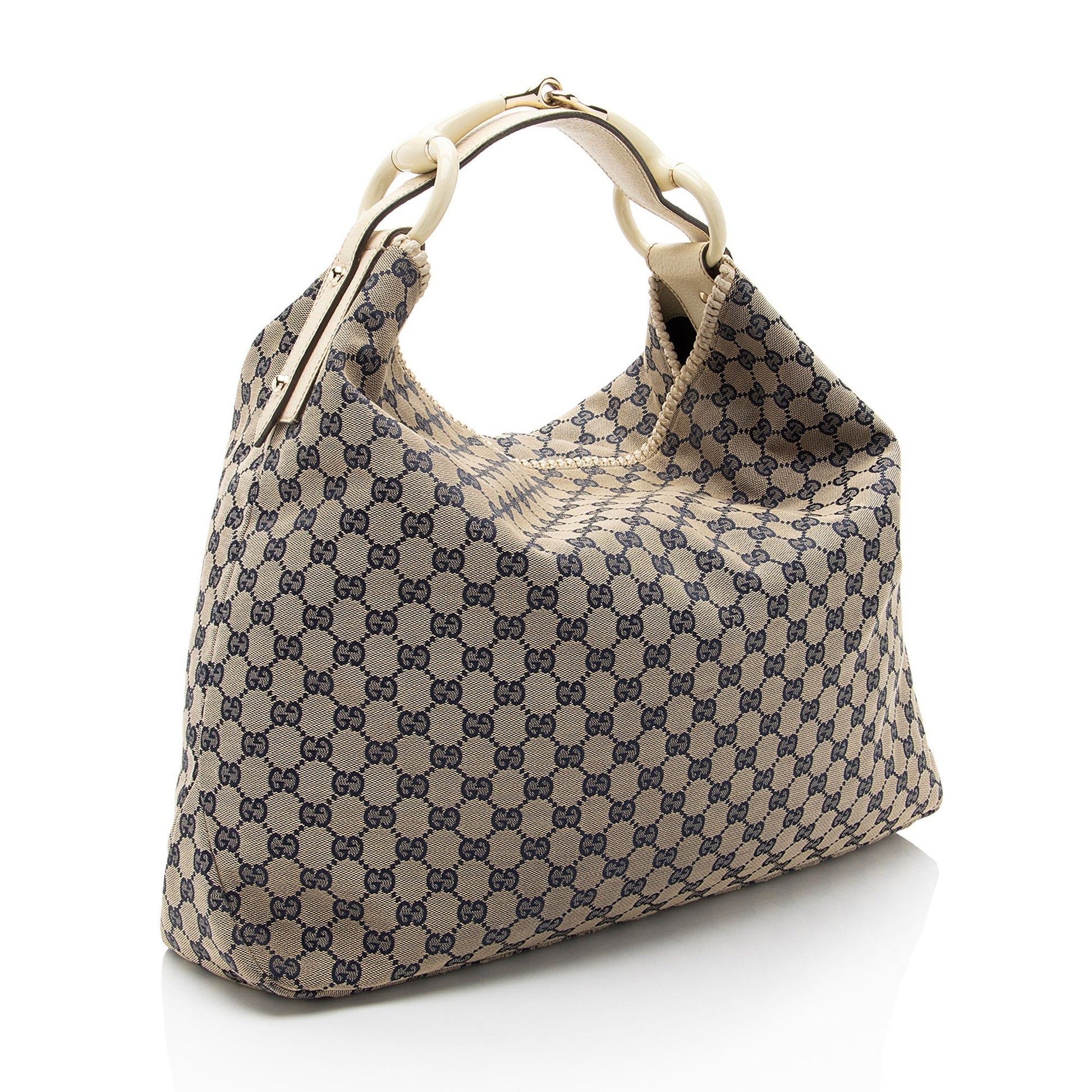 Gucci GG Horsebit Leather Canvas Beige Blue Shoulder Bag