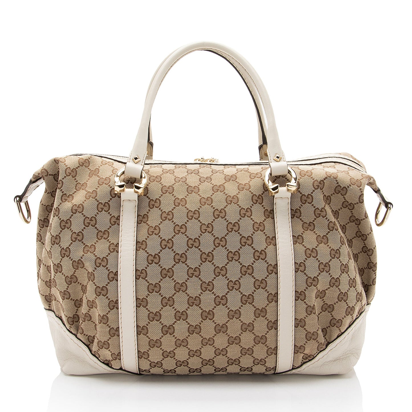 Gucci GG Horsebit Nailhead Boston Leather Canvas White Beige Satchel Bag