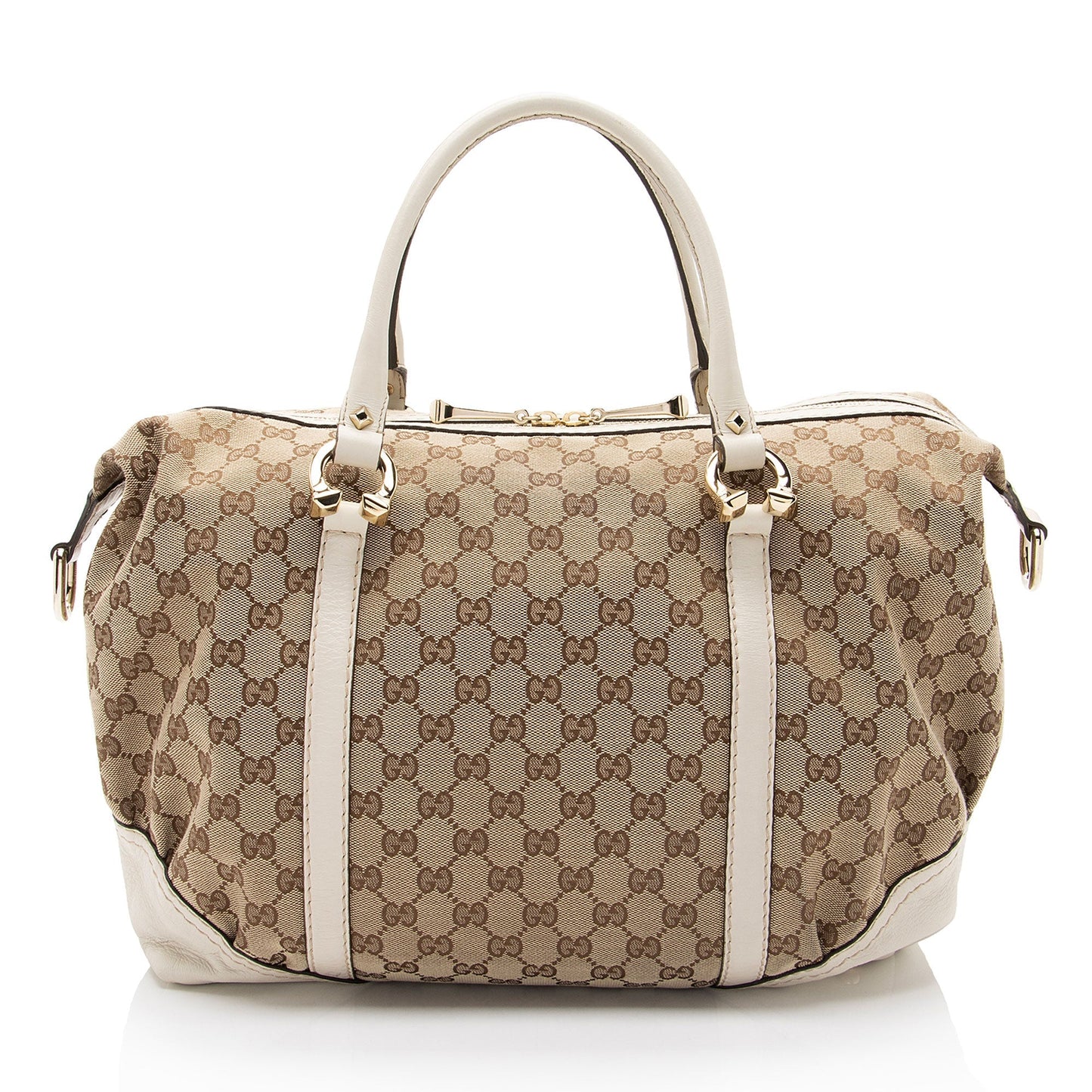 Gucci GG Horsebit Nailhead Boston Leather Canvas White Beige Satchel Bag