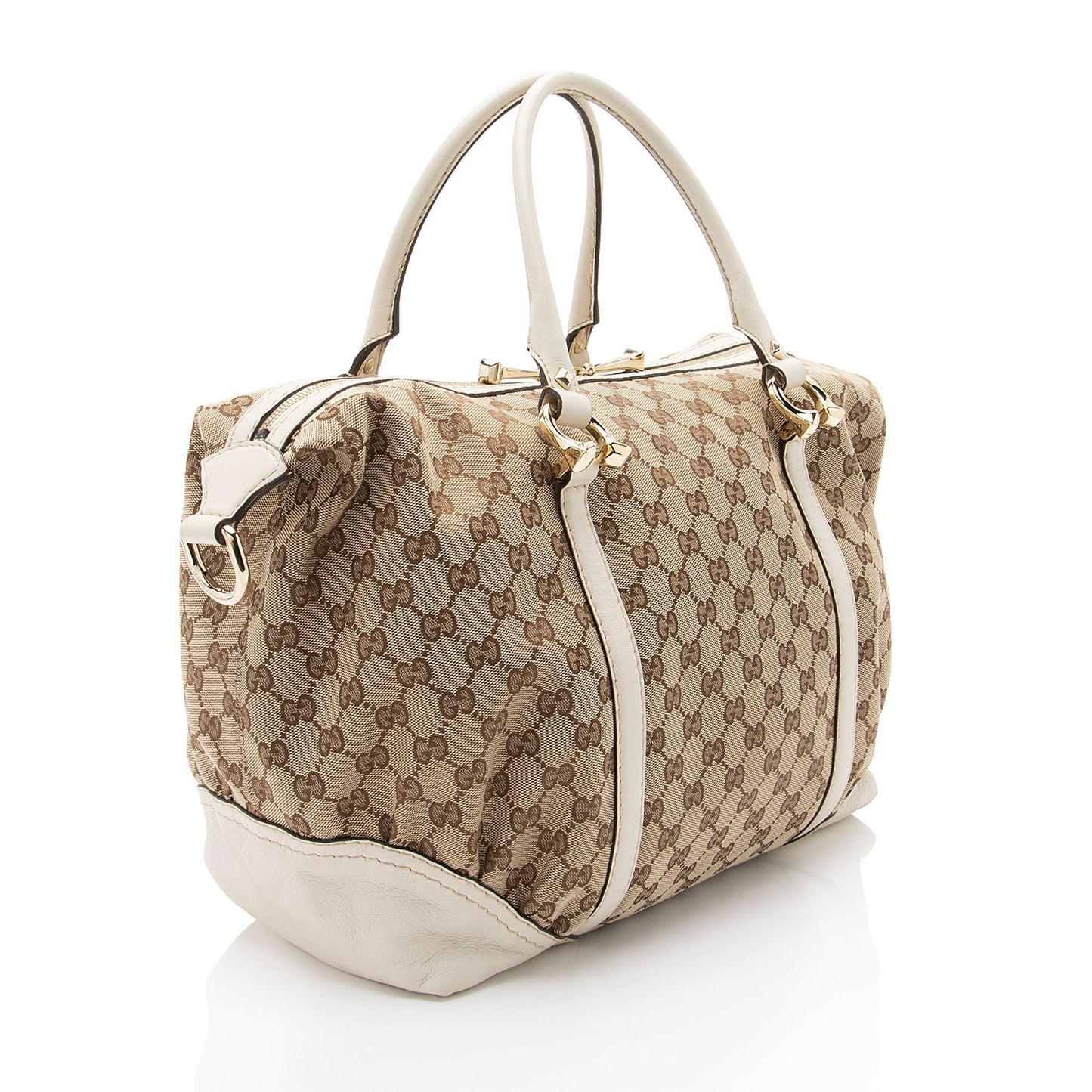 Gucci GG Horsebit Nailhead Boston Leather Canvas White Beige Satchel Bag