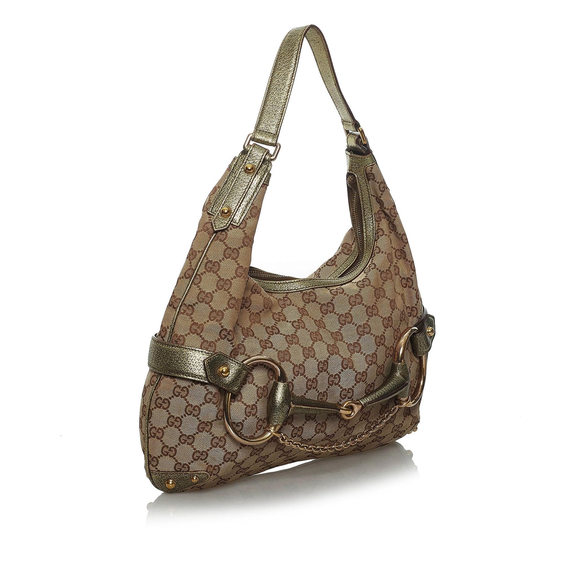Gucci GG Horsebit SHG Canvas Calf Brown Green Shoulder Bag