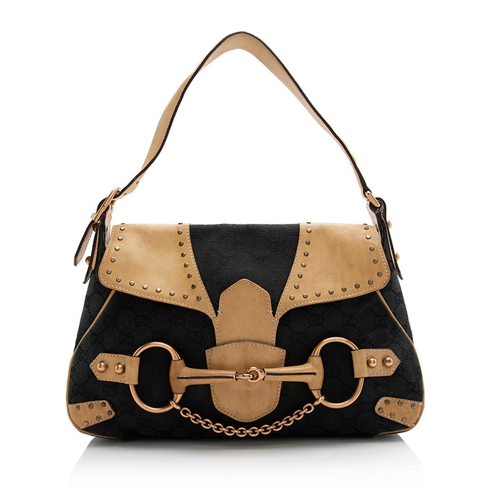 Gucci Studded Horsebit SHF Leather Canvas Black Brown Shoulder Bag