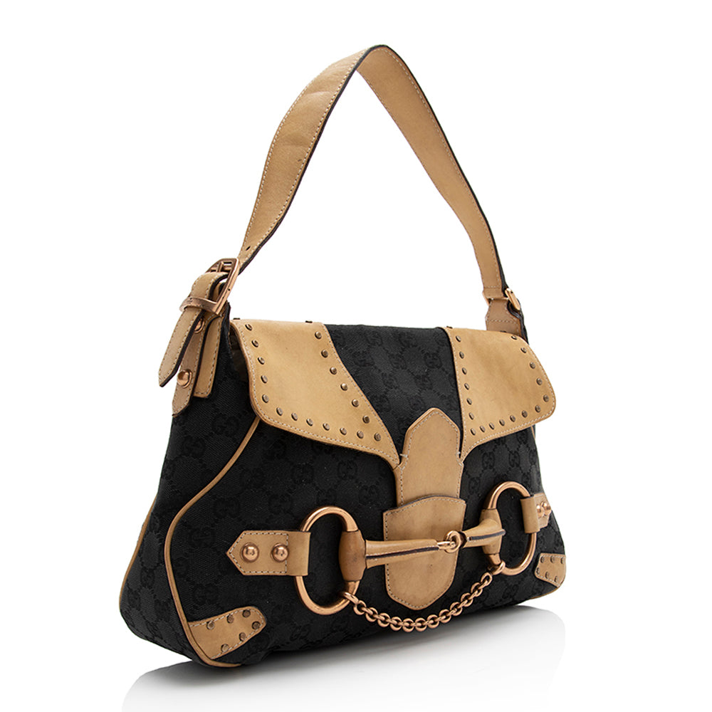 Gucci Studded Horsebit SHF Leather Canvas Black Brown Shoulder Bag