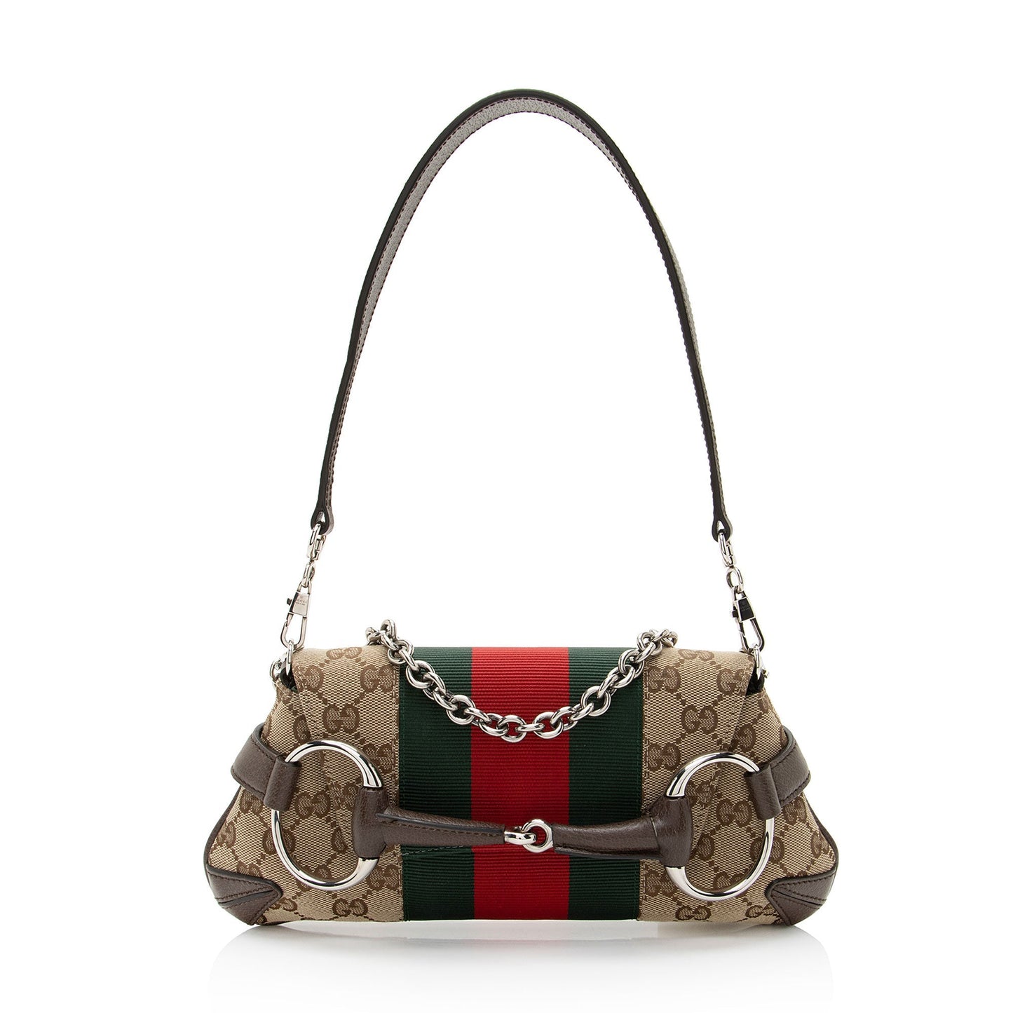 Gucci GG Horsebit Web Chain Leather Canvas Nylon Brown Shoulder Bag