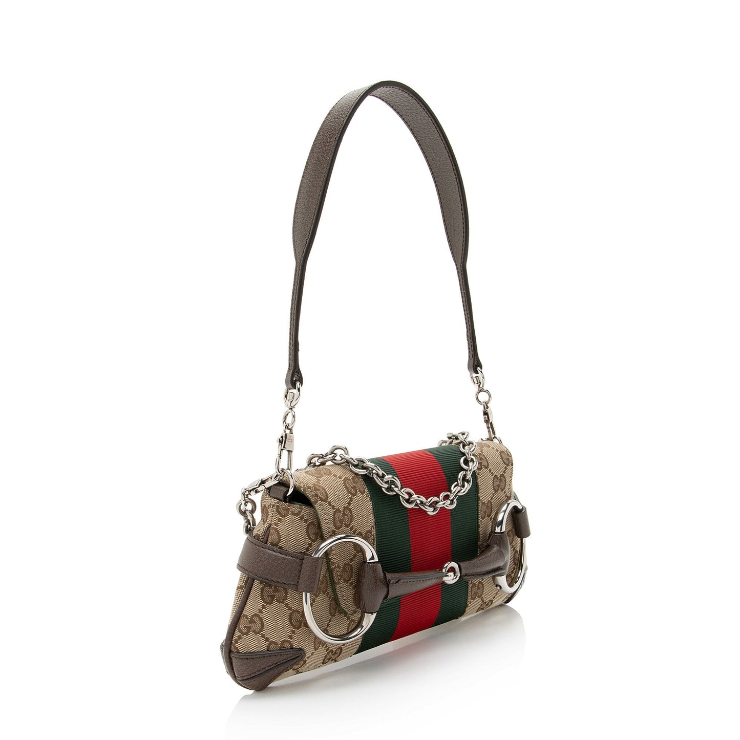 Gucci GG Horsebit Web Chain Leather Canvas Nylon Brown Shoulder Bag