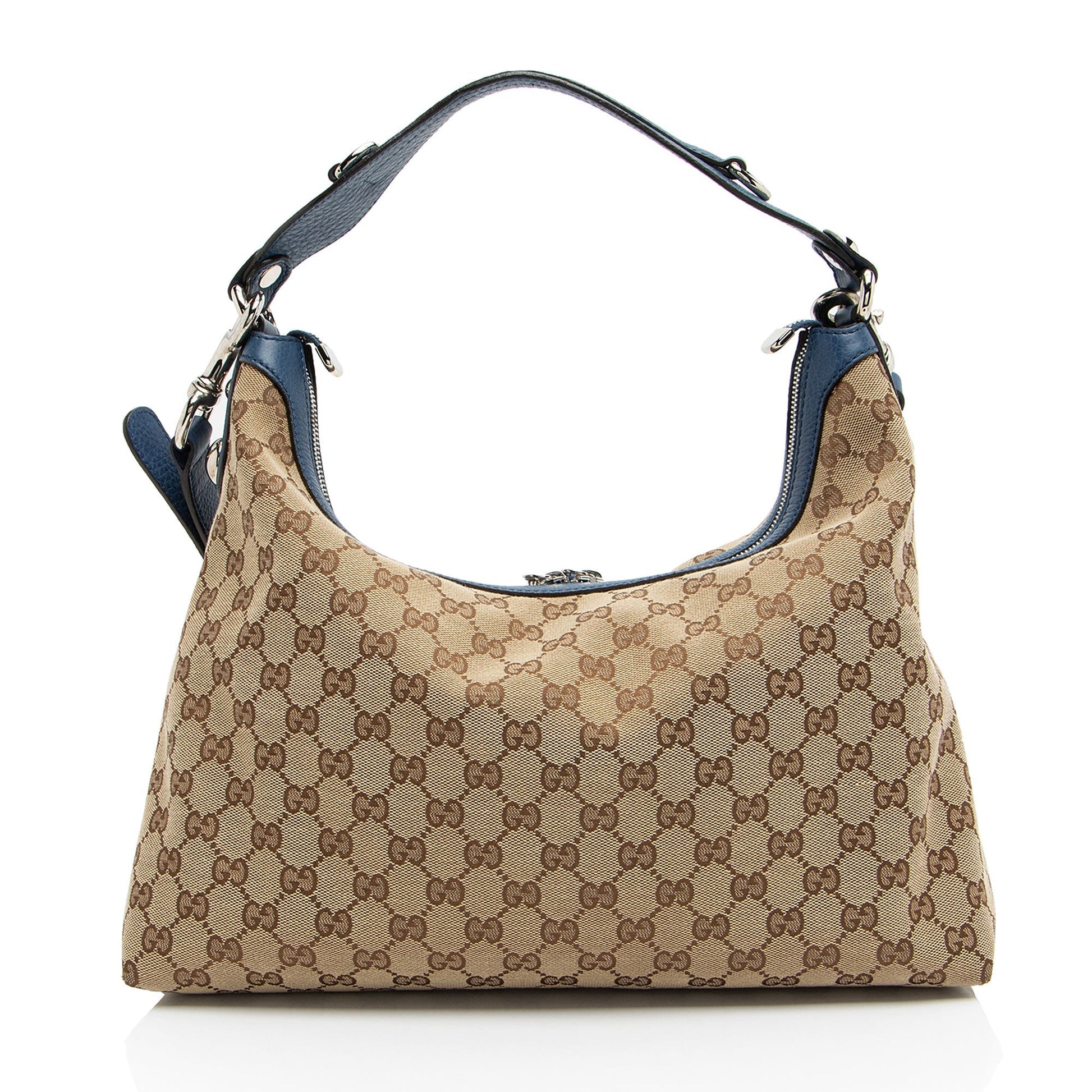 Gucci GG Icon Bit Leather Canvas Beige Blue Shoulder Bag