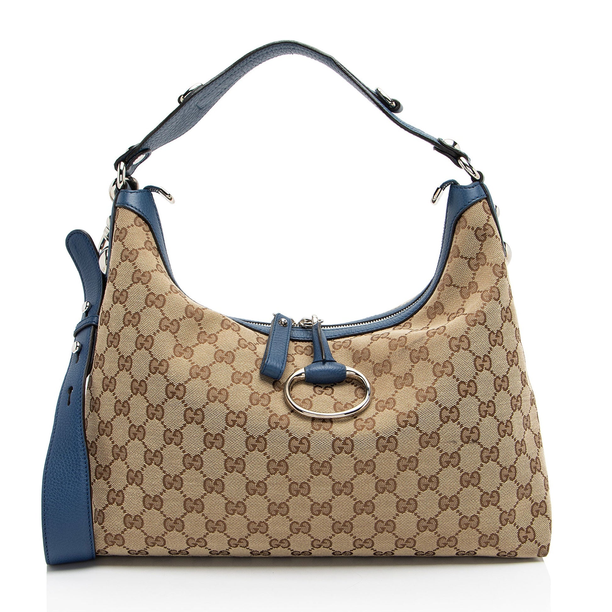 Gucci GG Icon Bit Leather Canvas Beige Blue Shoulder Bag