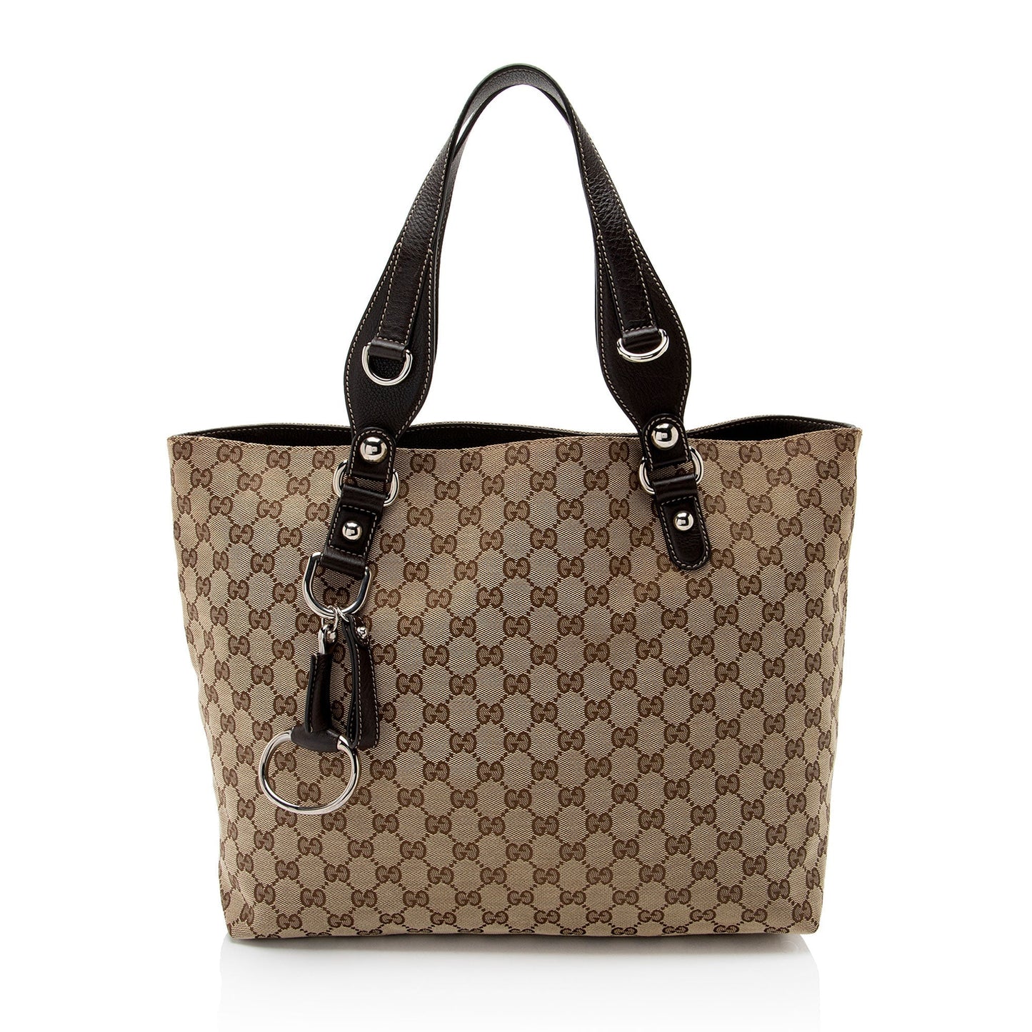 Gucci GG Icon Bit SHF-1bZhea Leather Canvas Brown Beige Tote Bag