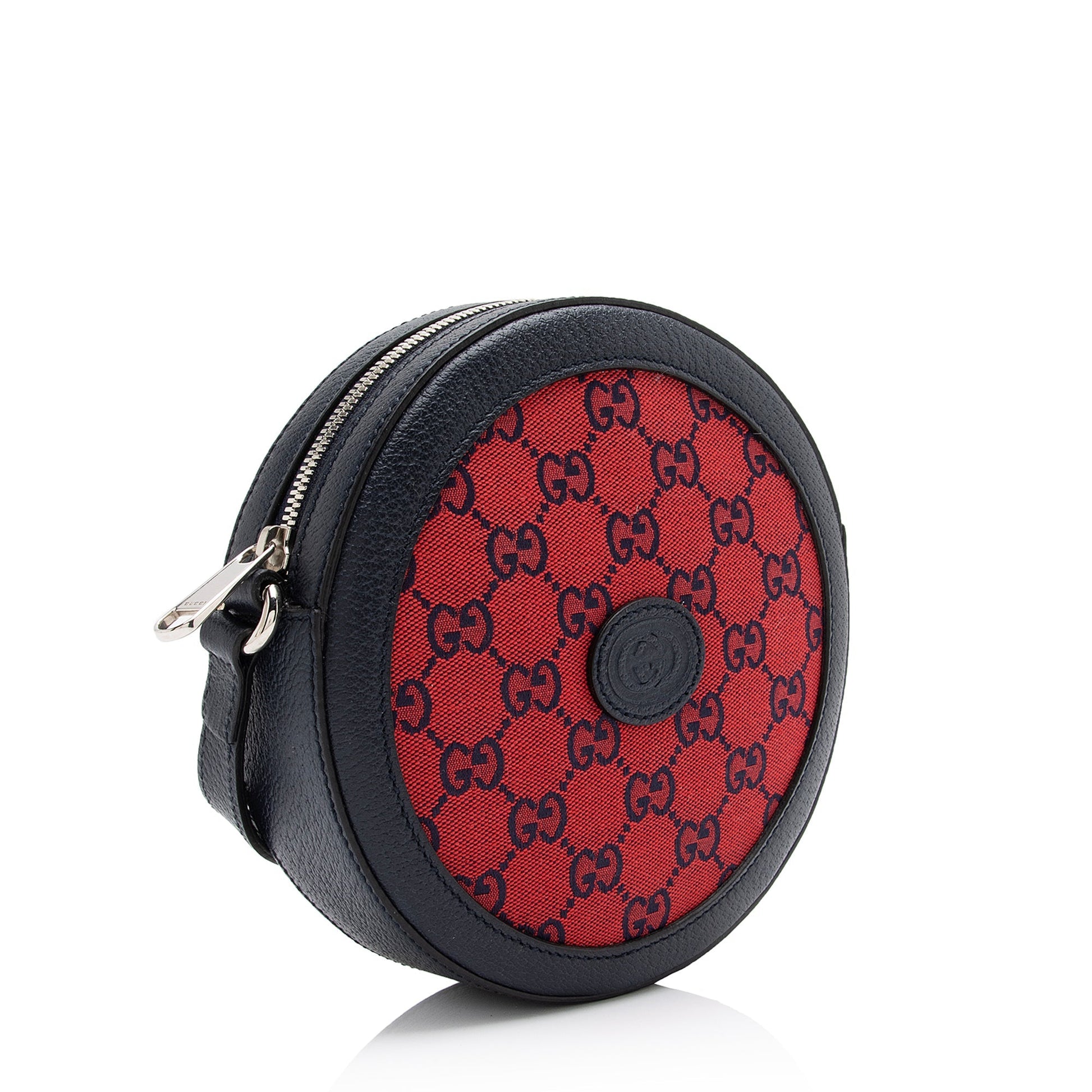 Gucci GG Interlocking G Patch Round Leather Canvas Blue Red Crossbody Bag Bag Shf