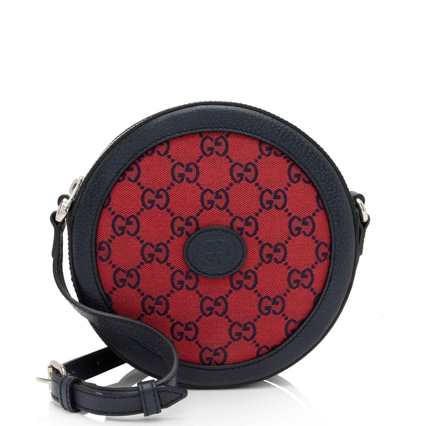 Gucci GG Interlocking G Patch Round Leather Canvas Blue Red Crossbody Bag
