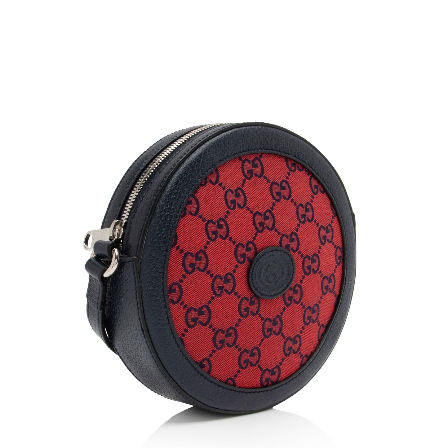 Gucci GG Interlocking G Patch Round Leather Canvas Blue Red Crossbody Bag