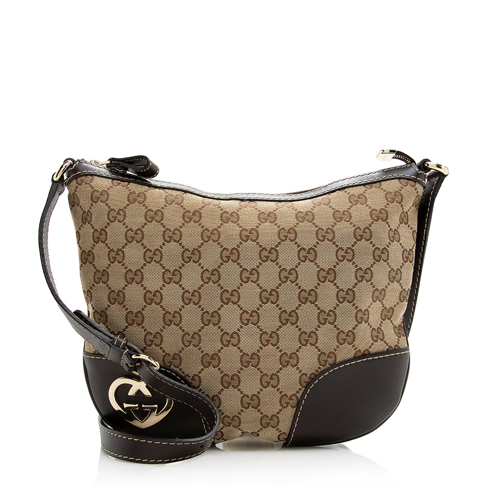 Gucci GG Interlocking Heart SHF Leather Canvas Brown Beige Crossbody Bag