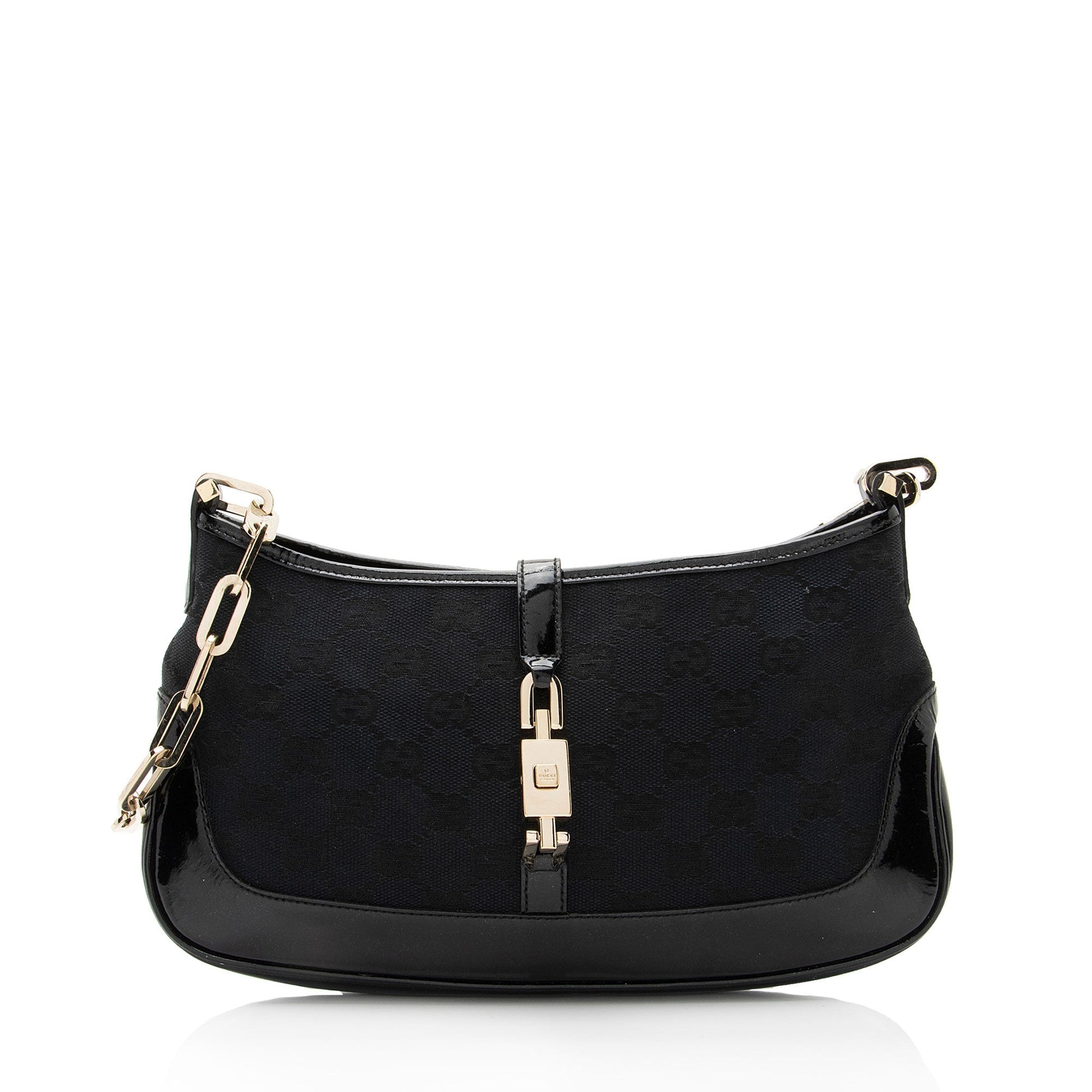 Gucci GG Jackie Chain SHF-MrNplz Leather Canvas Patent Black Shoulder Bag