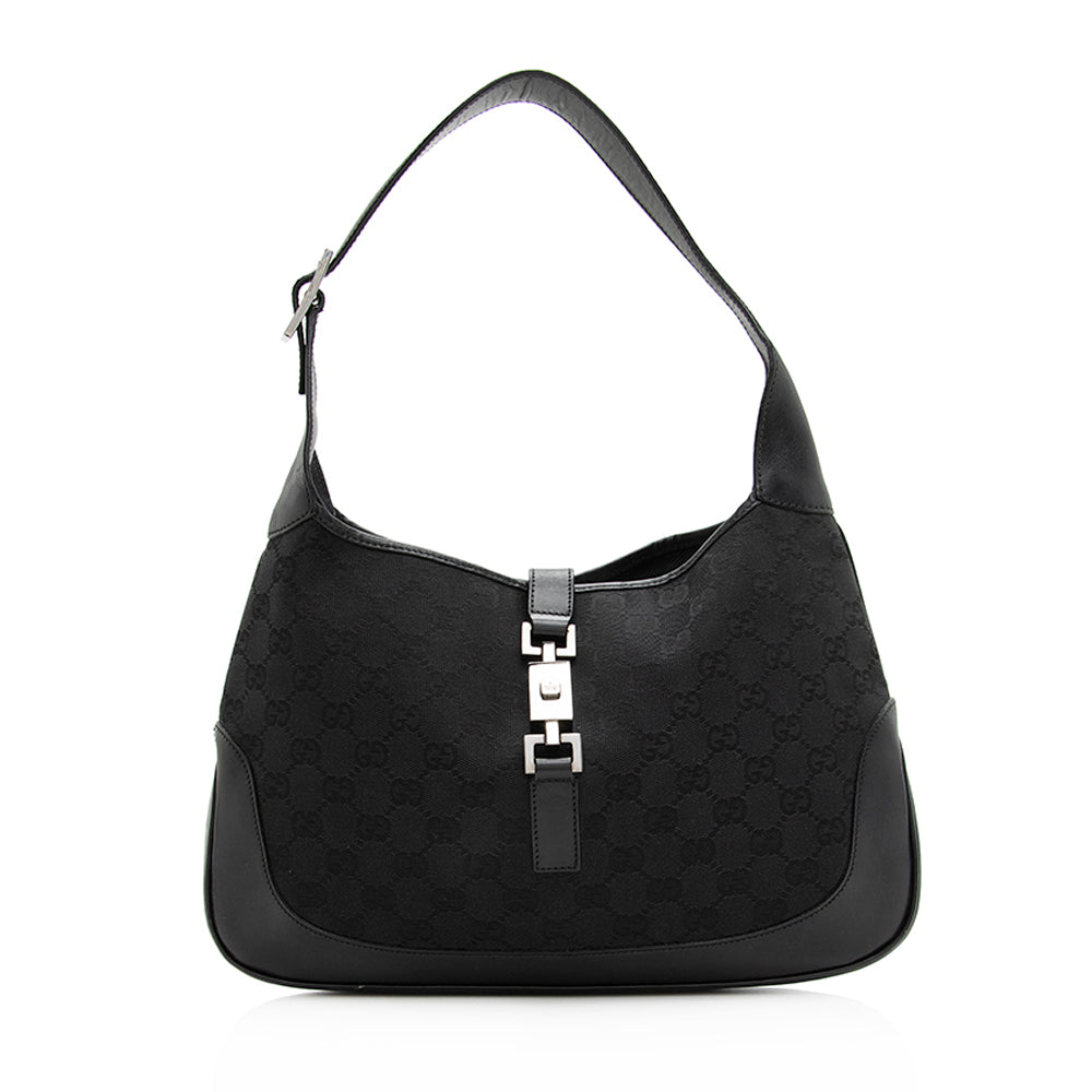 Gucci GG Jackie SHF Leather Canvas Black Shoulder Bag Hobo Shf