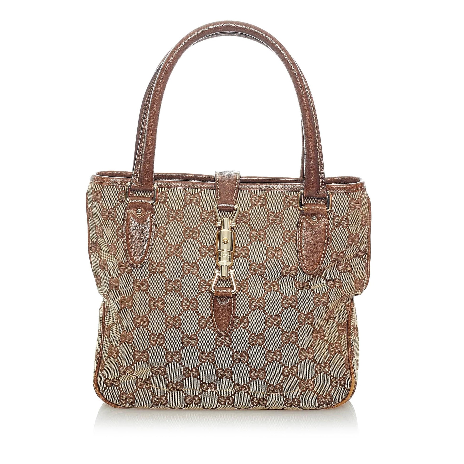 Gucci GG Jackie Piston Lock SHG Canvas Calf Brown Tote Bag