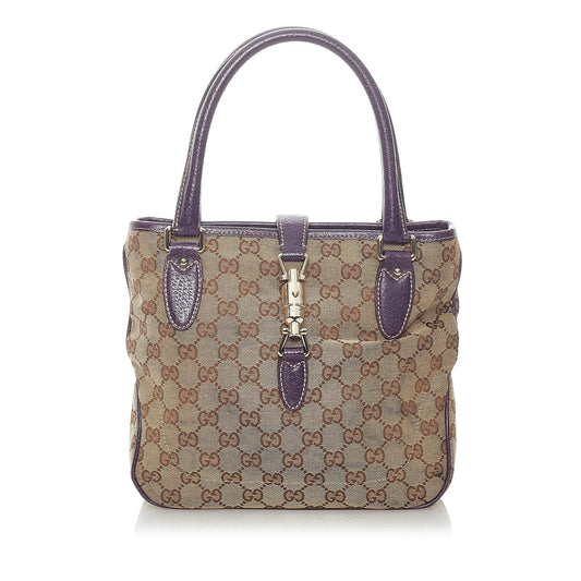 Gucci GG Jackie Piston Lock SHG Canvas Calf Brown Tote Bag Tote Shg