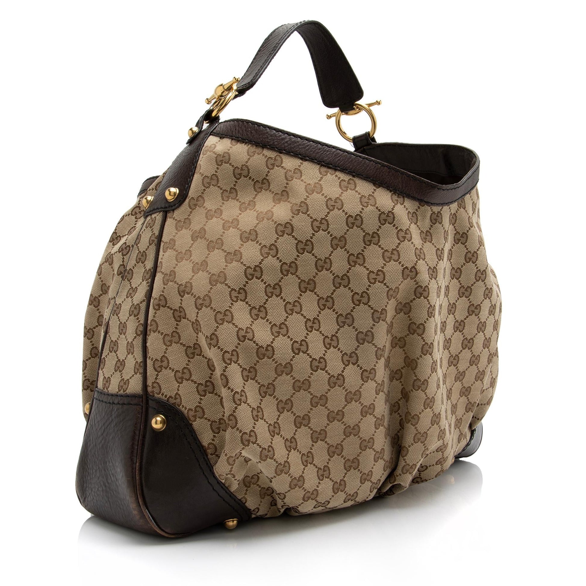 Gucci GG Jockey SHF Leather Canvas Brown Beige Shoulder Bag Hobo Shf