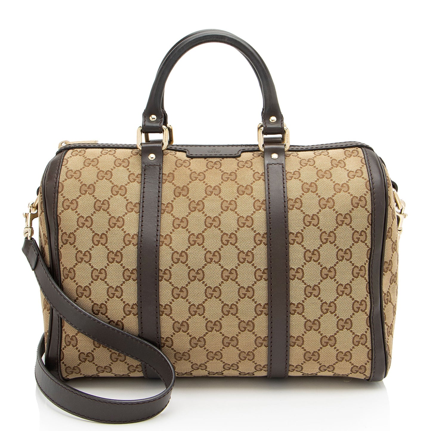 Gucci GG Joy Boston SHF-gIsKE9 Leather Canvas Brown Beige Satchel Bag