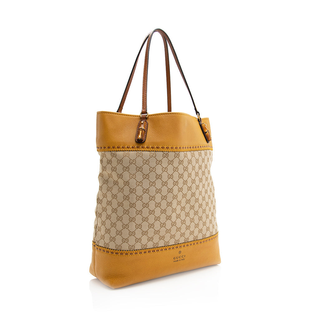 Gucci GG Laidback Crafty SHF Leather Canvas Beige Tote Bag