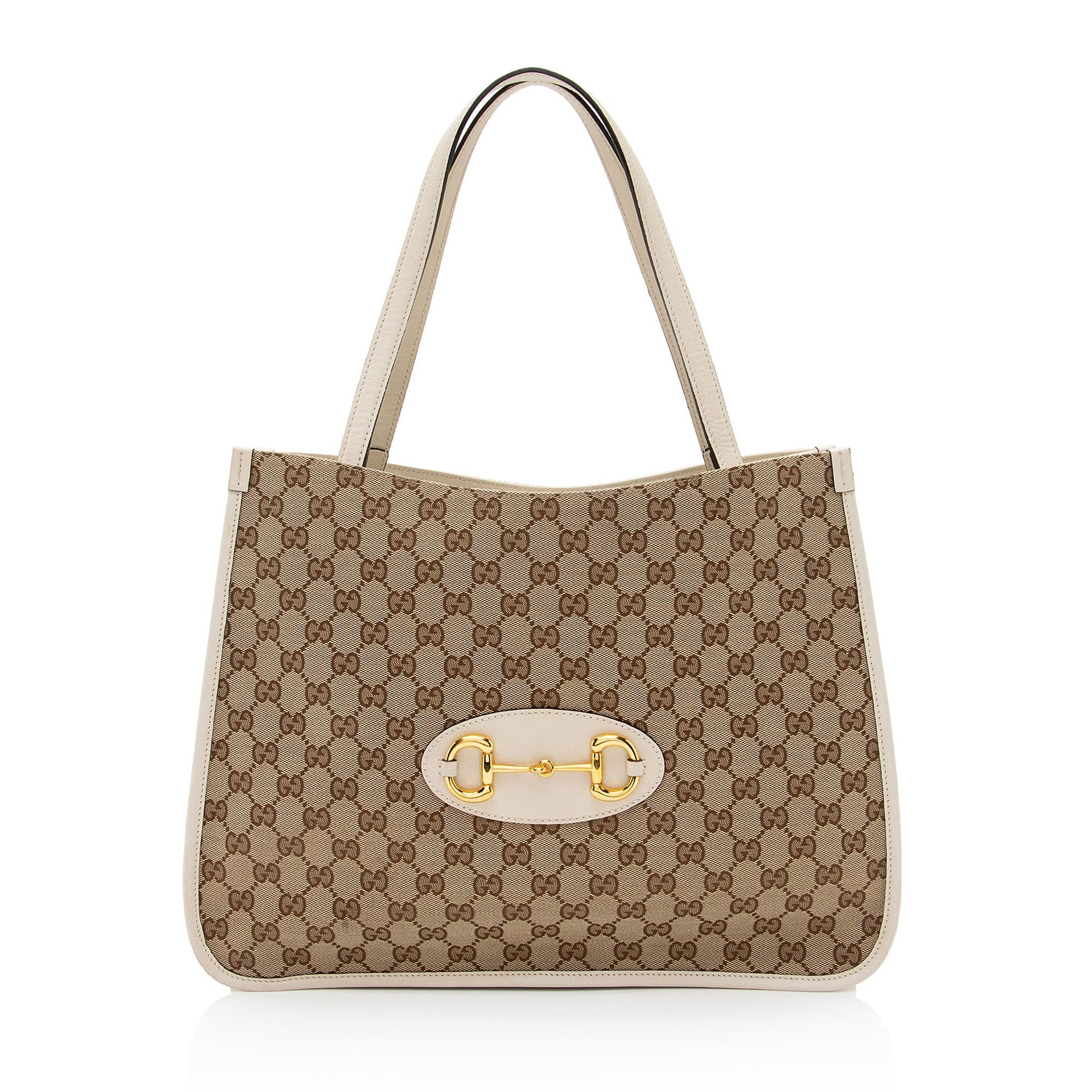Gucci GG Horsebit SHF-JmQOXy Leather Canvas White Beige Tote Bag