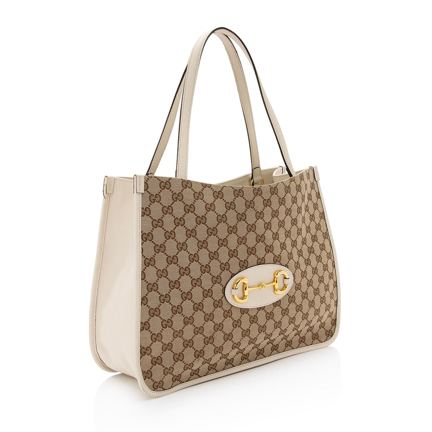 Gucci GG Horsebit SHF-JmQOXy Leather Canvas White Beige Tote Bag
