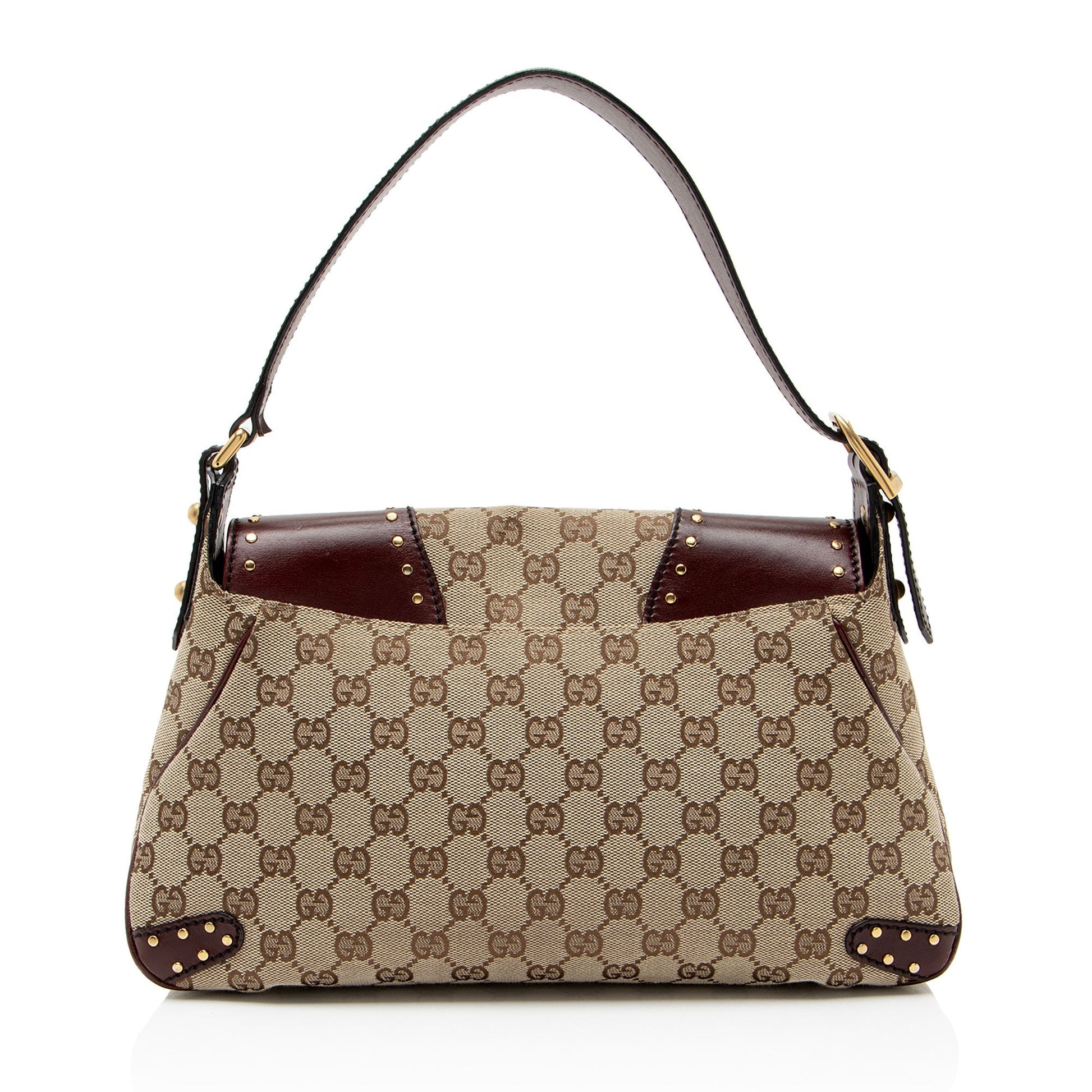 Gucci GG Studded Horsebit Leather Canvas Shoulder Bag