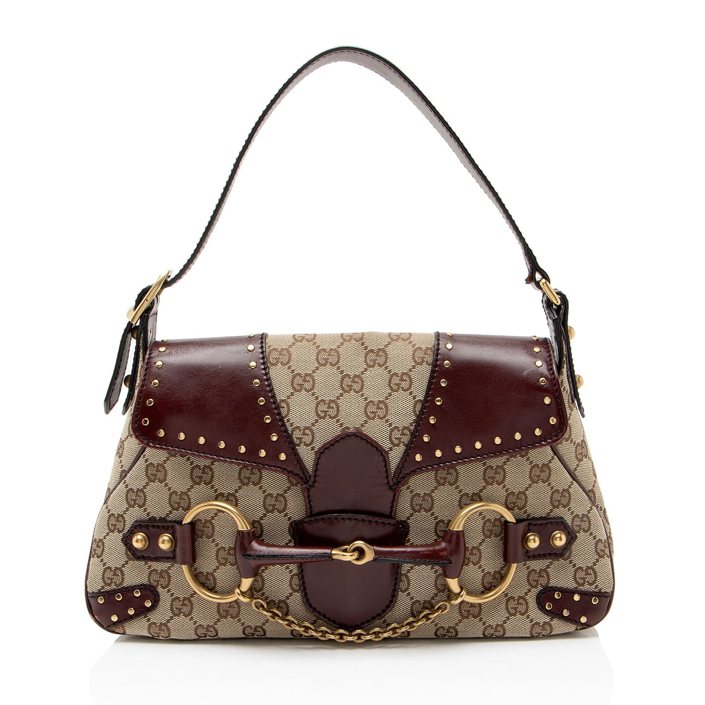 Gucci GG Studded Horsebit Leather Canvas Shoulder Bag