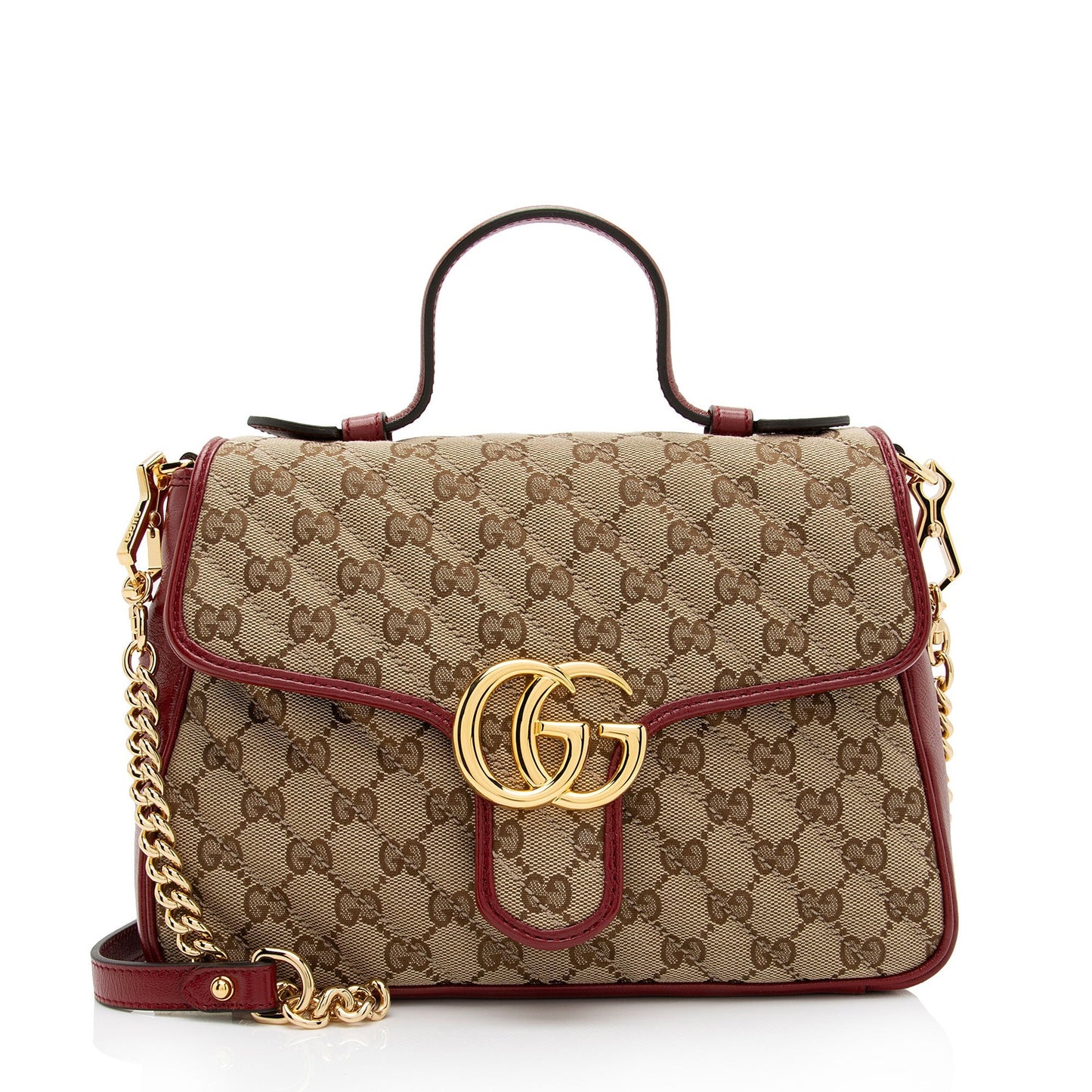 Gucci GG Marmont Top Handle SHF-WYqDum Leather Canvas Beige Red Satchel Bag