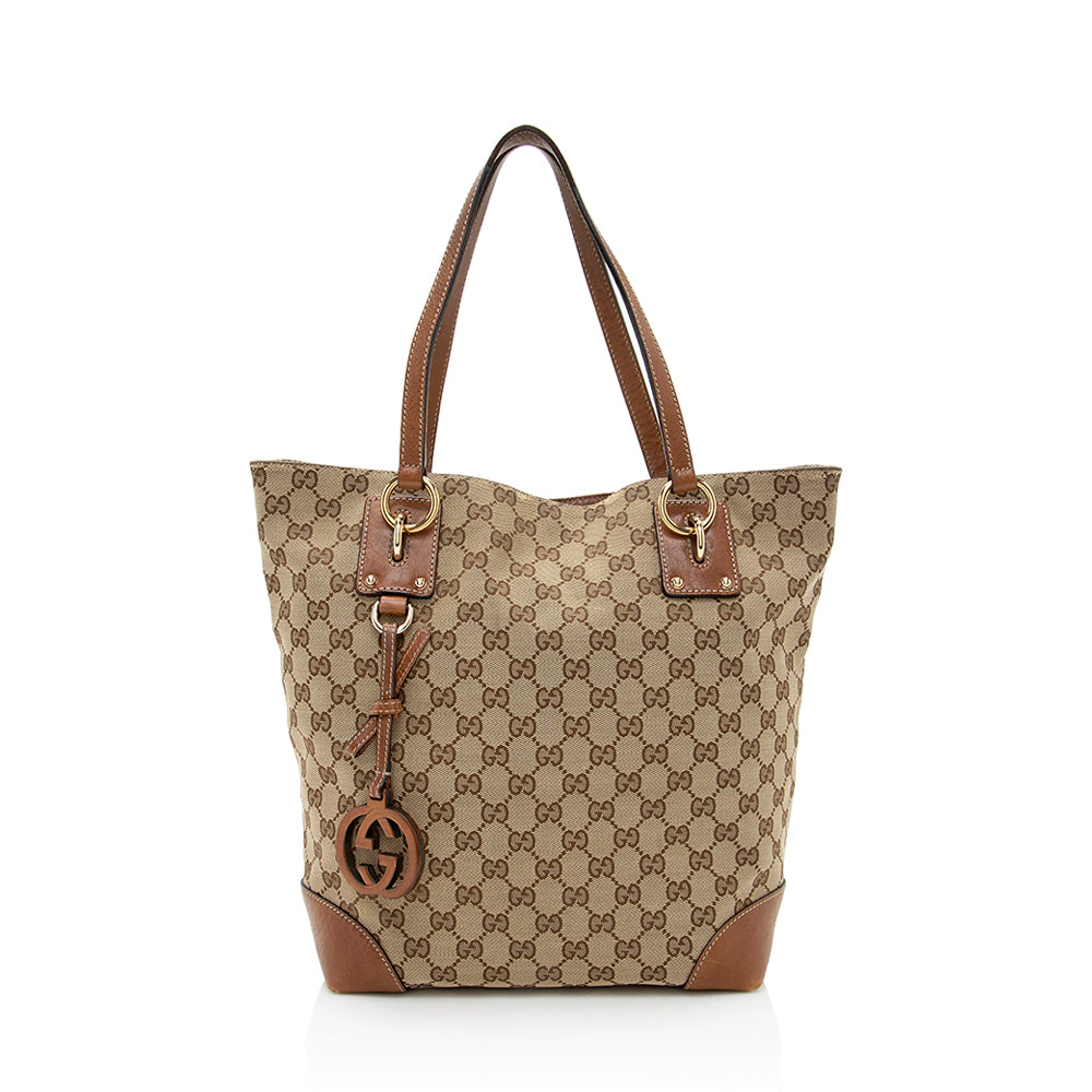 Gucci GG Charm - FINAL SHF Leather Canvas Brown Beige Tote Bag