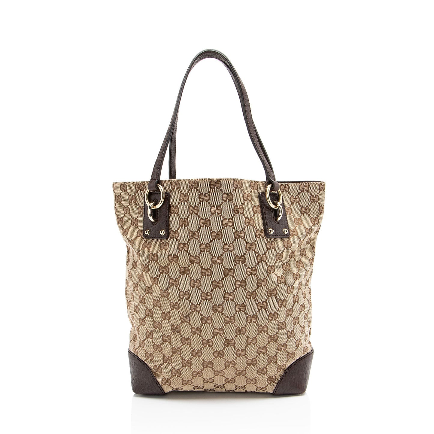 Gucci GG Charm Leather Canvas Brown Beige Tote Bag