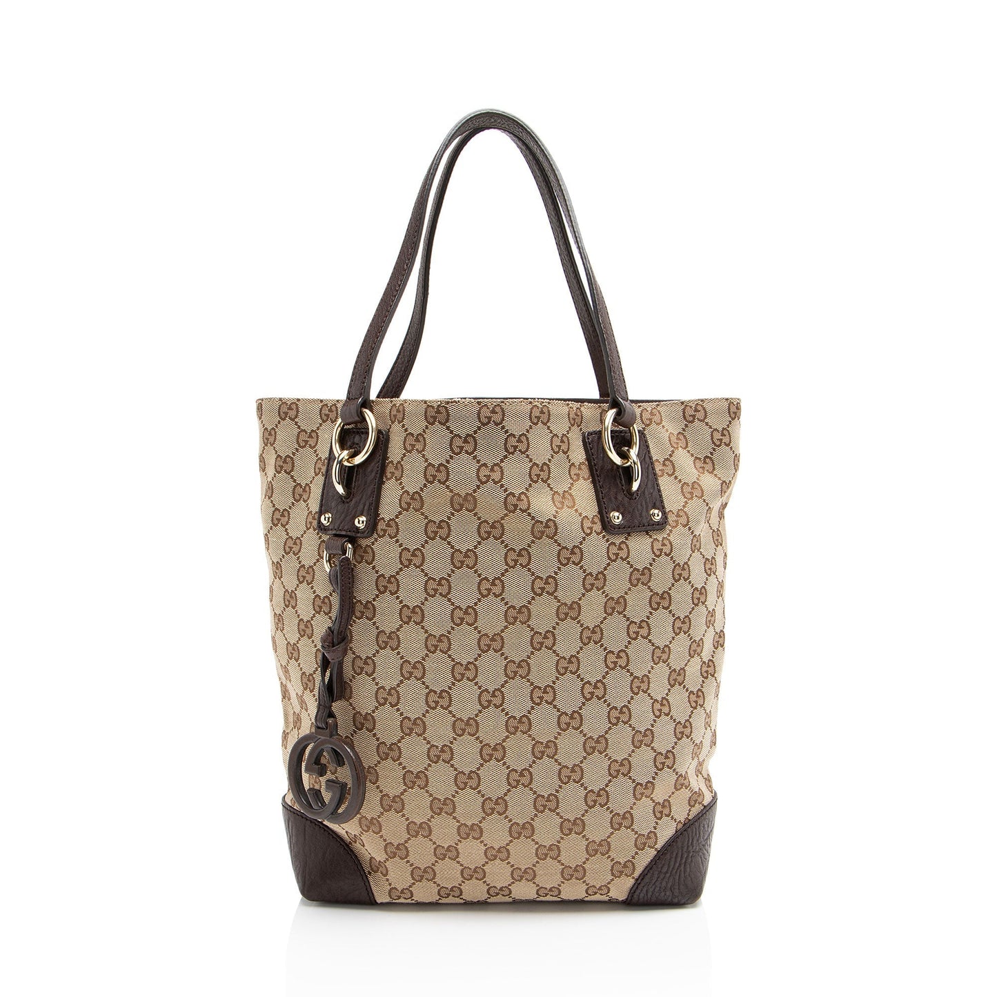 Gucci GG Charm Leather Canvas Brown Beige Tote Bag