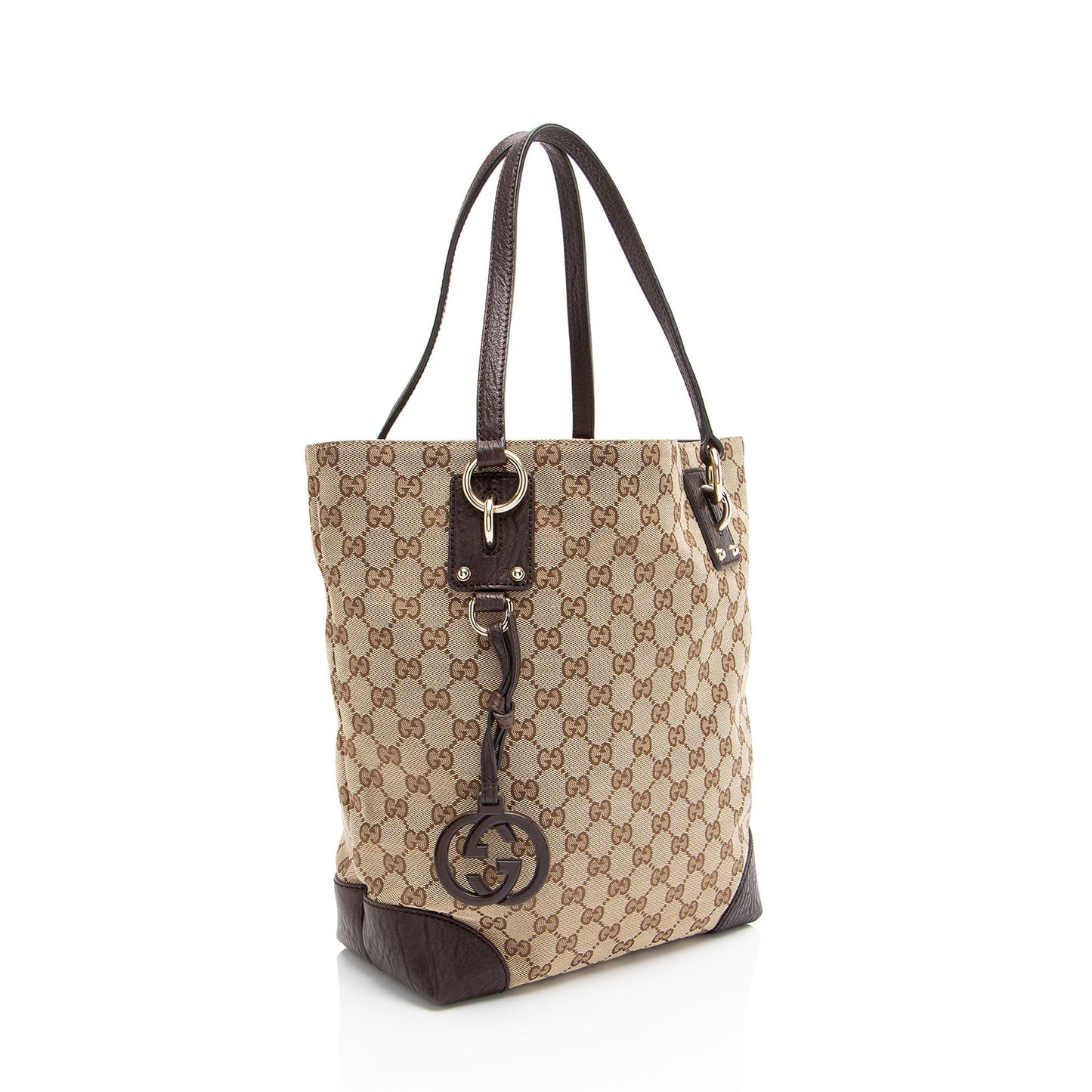 Gucci GG Charm Leather Canvas Brown Beige Tote Bag