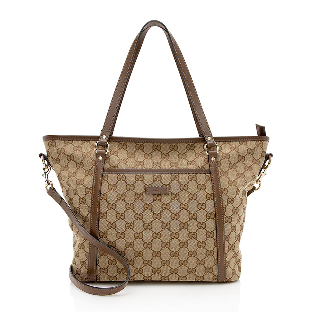 Gucci GG SHF Leather Canvas Brown Beige Tote Bag Tote Shf