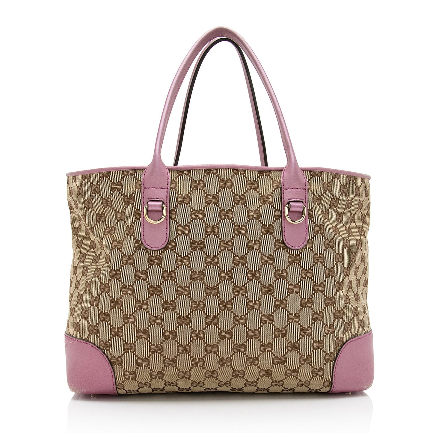 Gucci GG Metallic Heart Bit Charm Leather Canvas Beige Pink Tote Bag