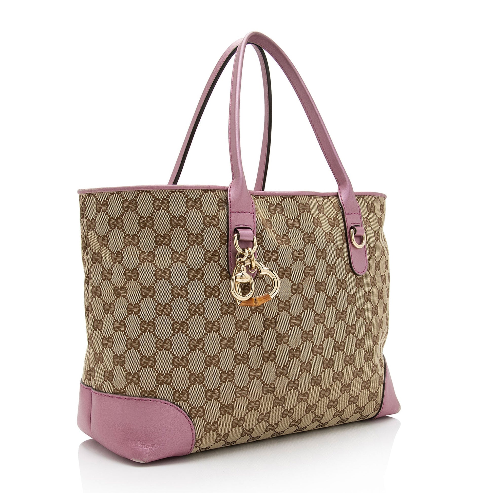 Gucci GG Metallic Heart Bit Charm Leather Canvas Beige Pink Tote Bag