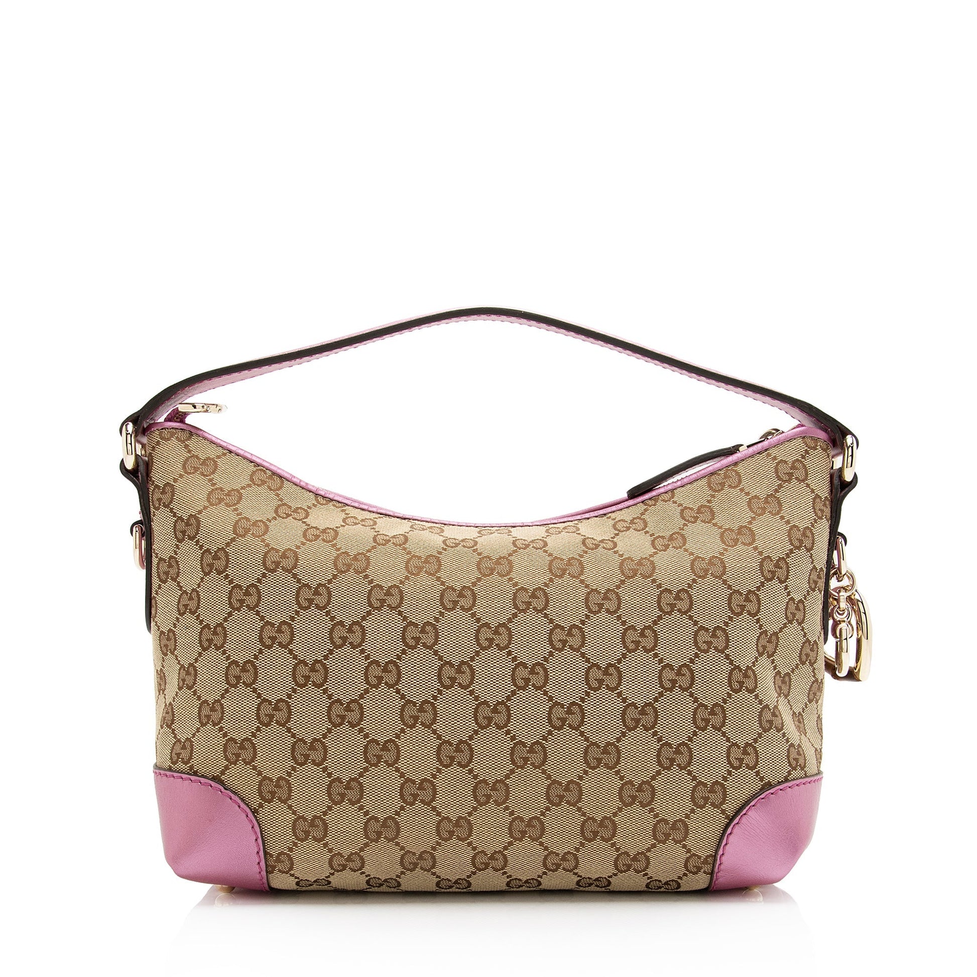 Gucci GG Metallic Heart Bit Charm Leather Canvas Beige Pink Shoulder Bag