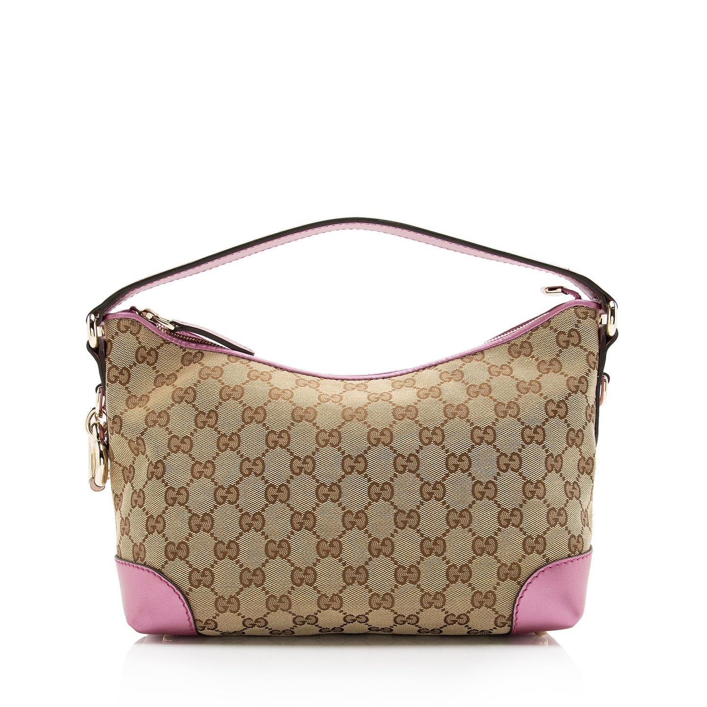 Gucci GG Metallic Heart Bit Charm Leather Canvas Beige Pink Shoulder Bag