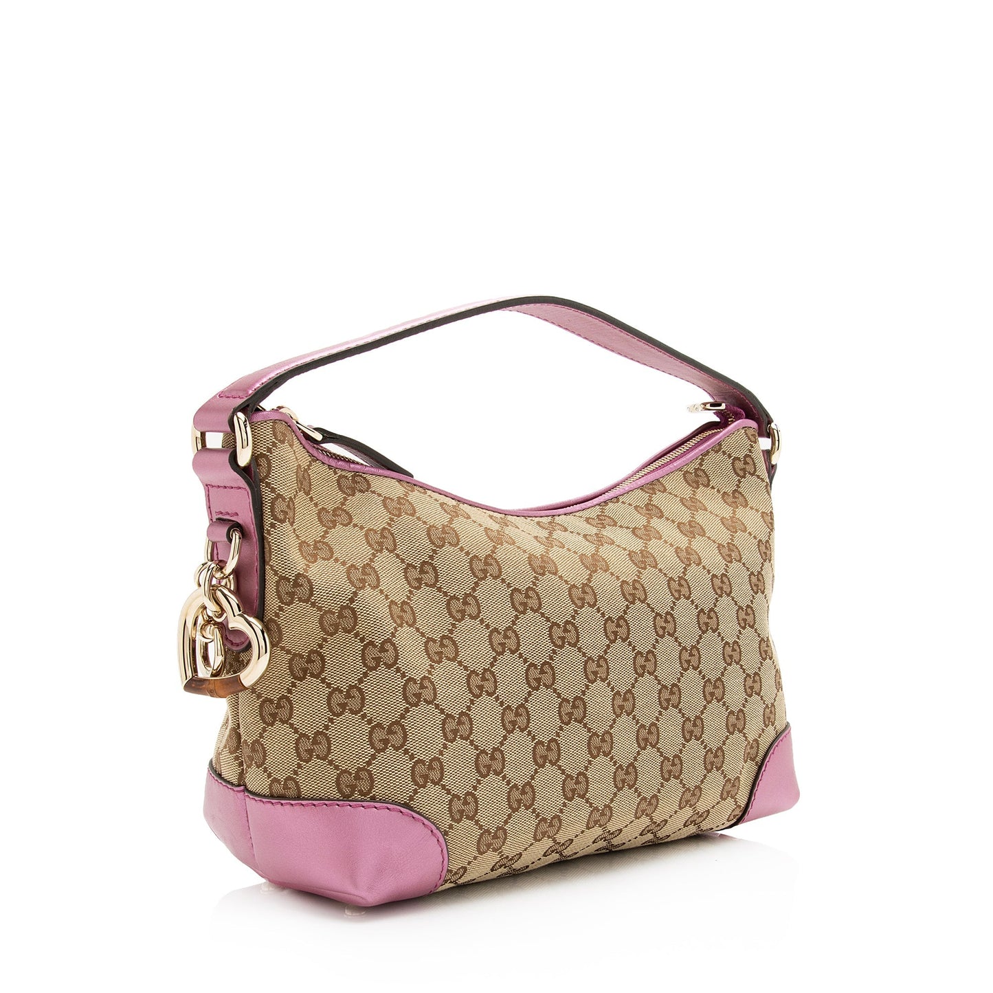 Gucci GG Metallic Heart Bit Charm Leather Canvas Beige Pink Shoulder Bag
