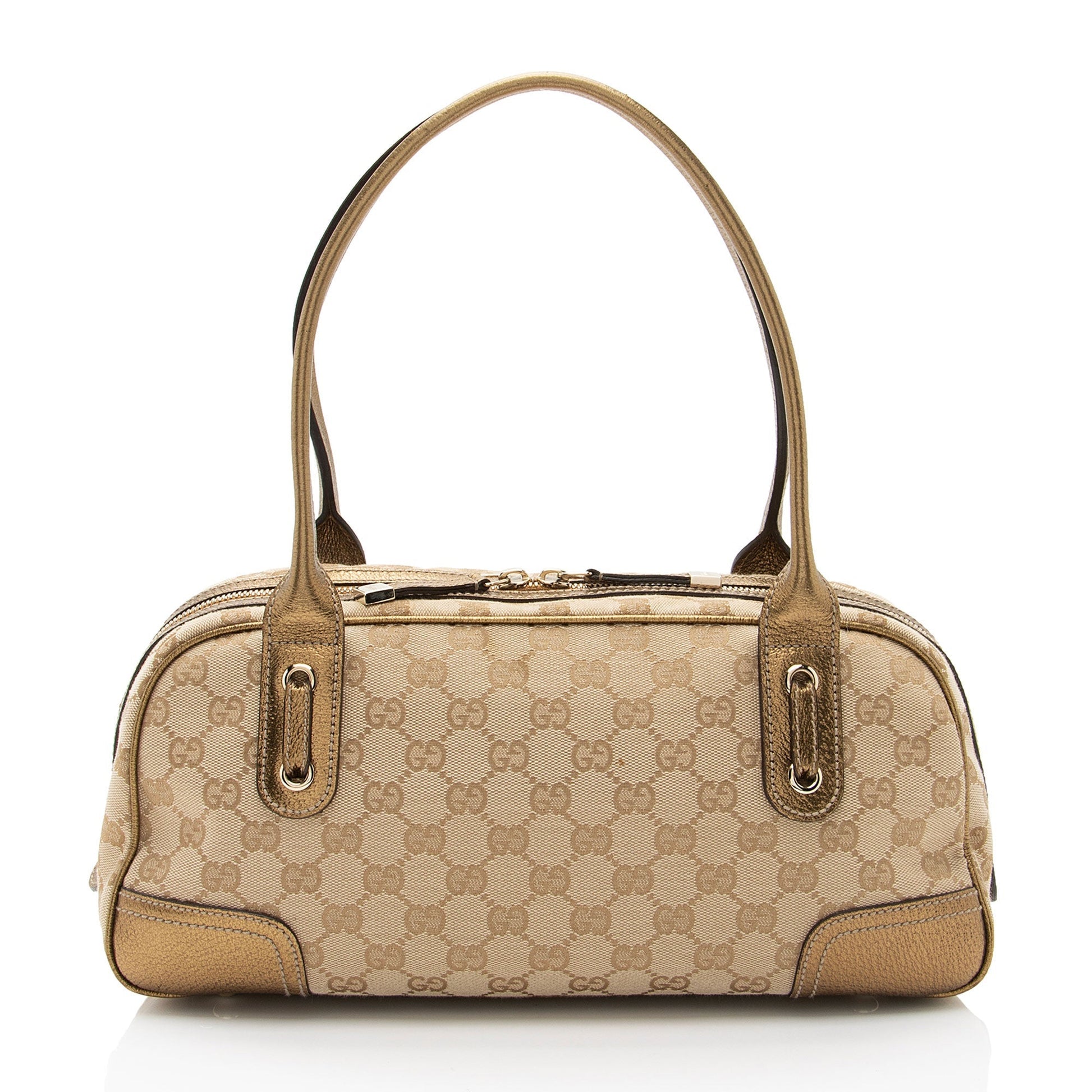 Gucci GG Metallic Princy Boston SHF-af8xb3 Leather Canvas Beige Gold Satchel Bag