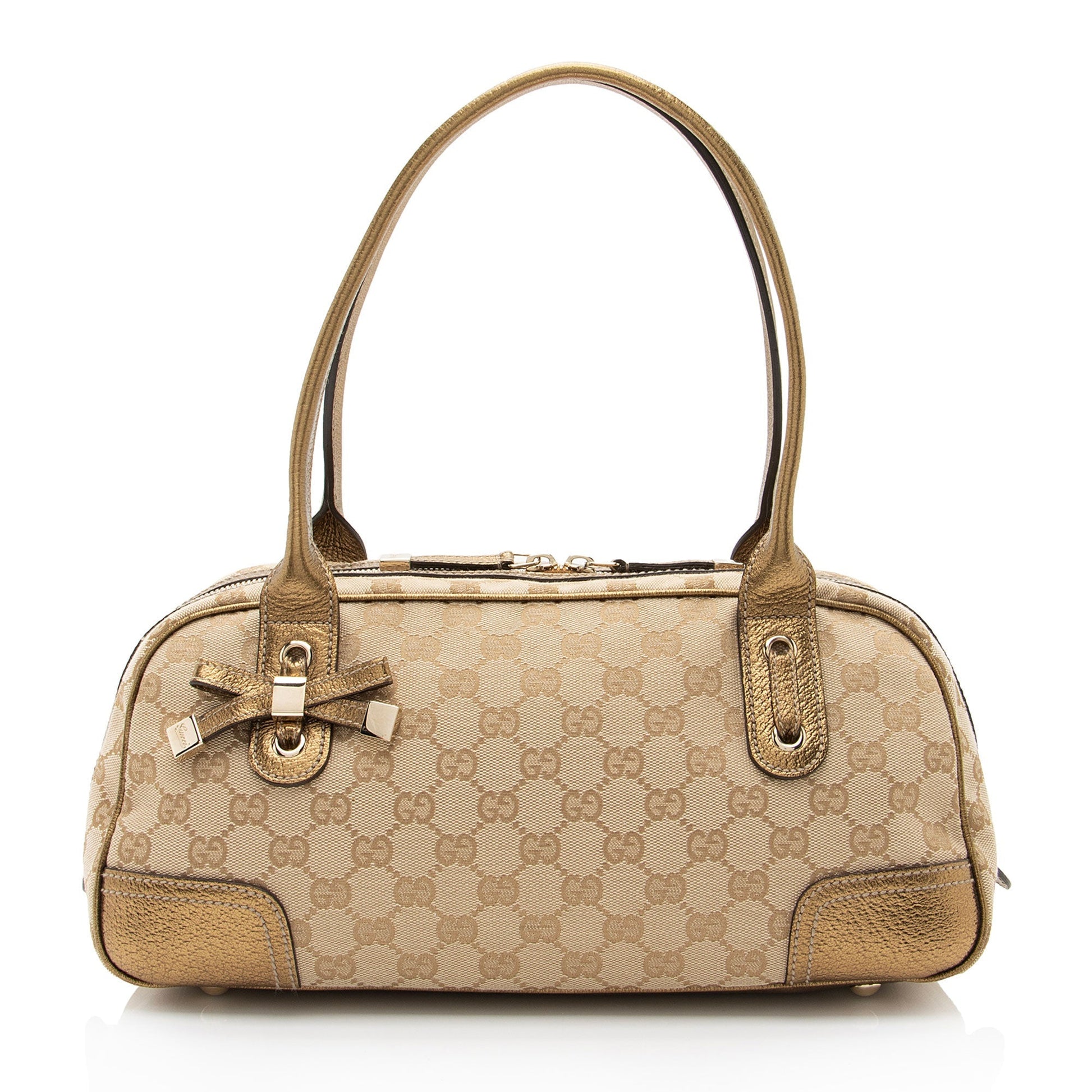 Gucci GG Metallic Princy Boston SHF-af8xb3 Leather Canvas Beige Gold Satchel Bag