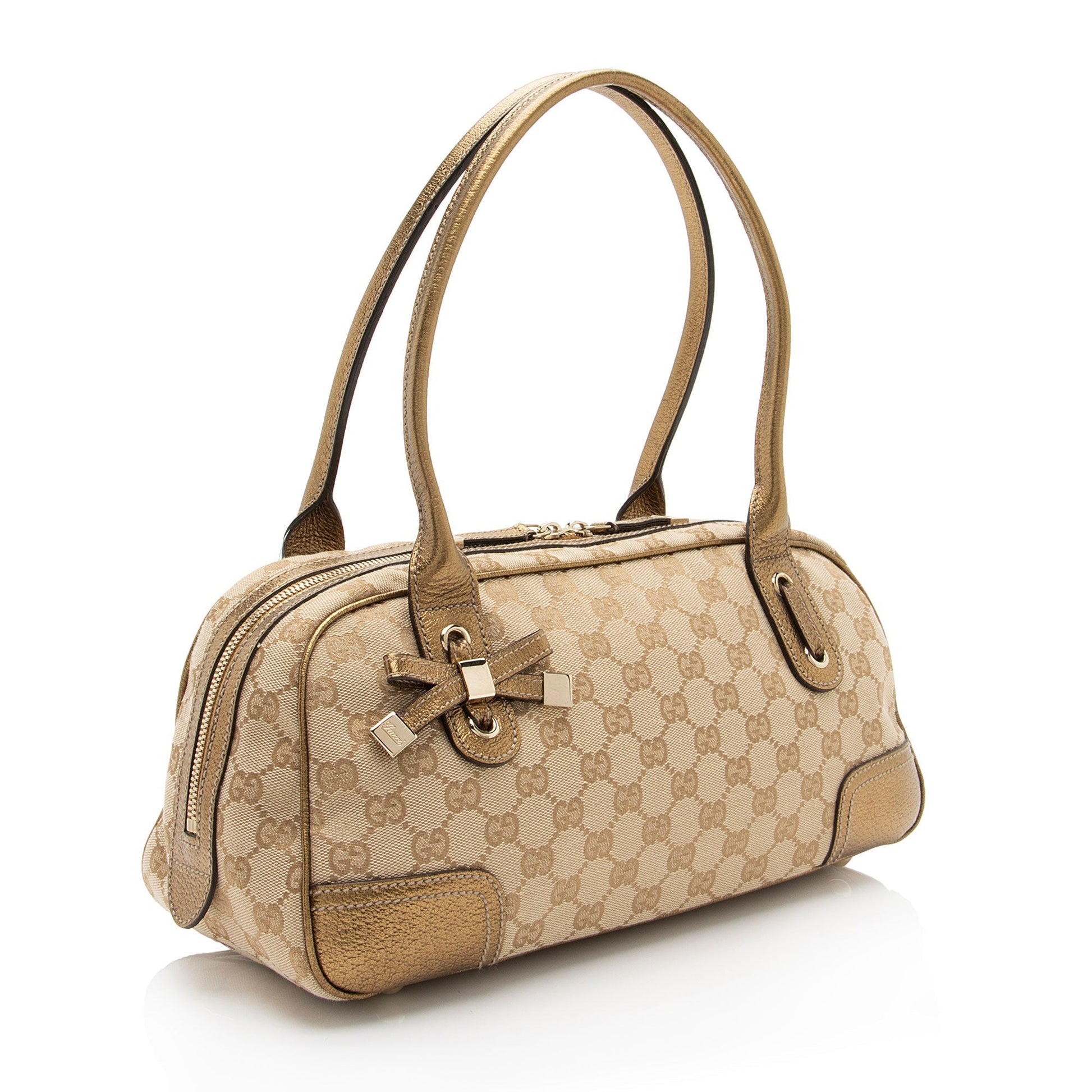 Gucci GG Metallic Princy Boston SHF-af8xb3 Leather Canvas Beige Gold Satchel Bag