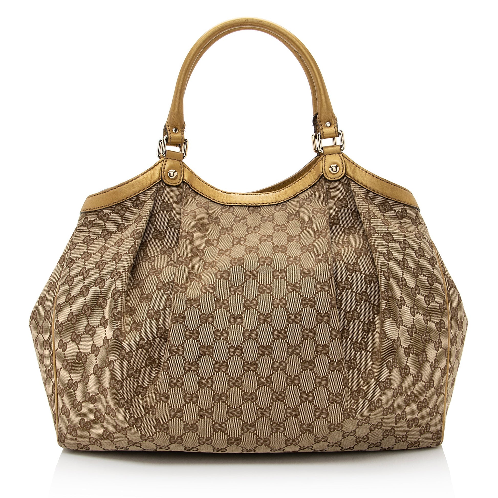 Gucci GG Metallic Sukey SHF Leather Canvas Beige Gold Tote Bag