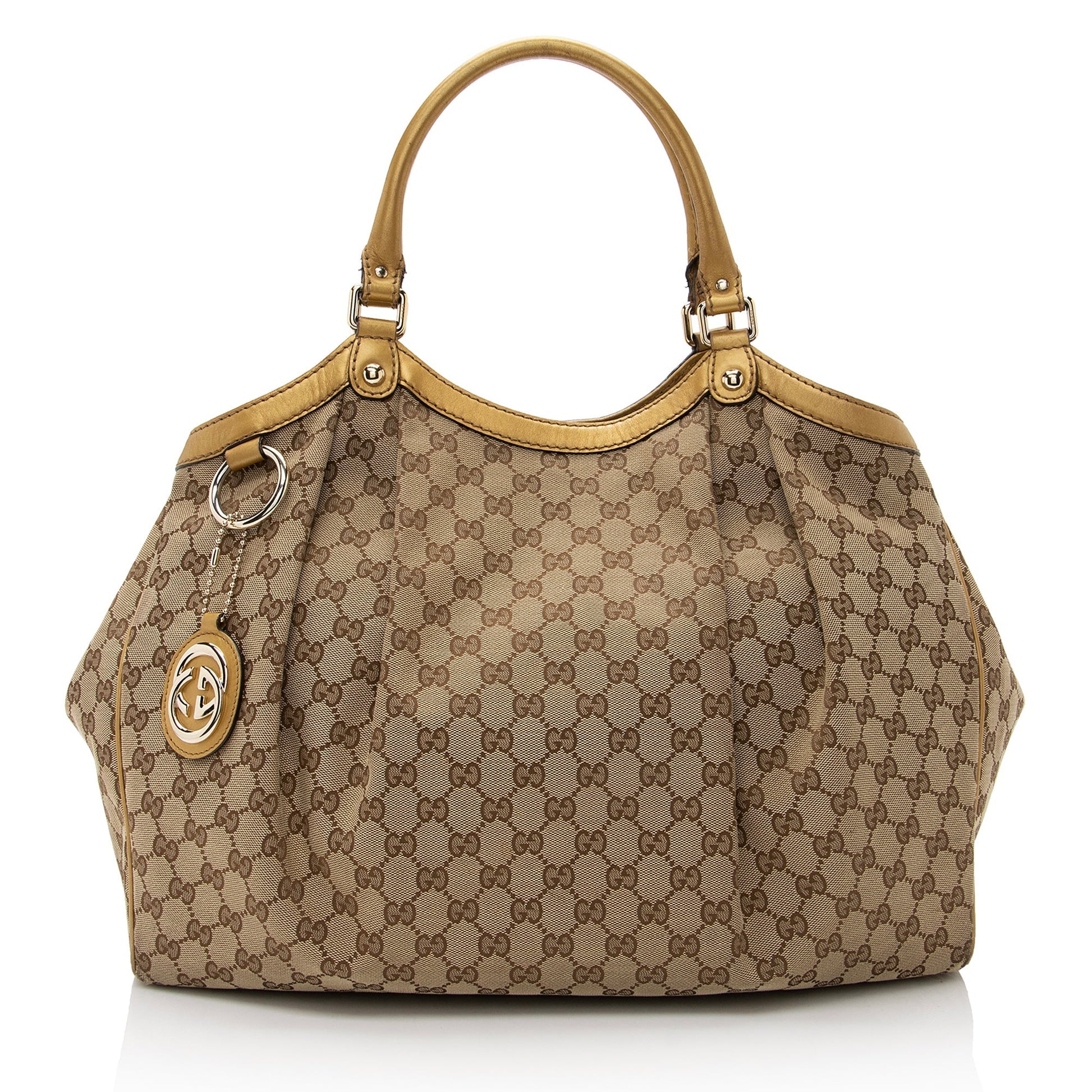 Gucci GG Metallic Sukey SHF Leather Canvas Beige Gold Tote Bag