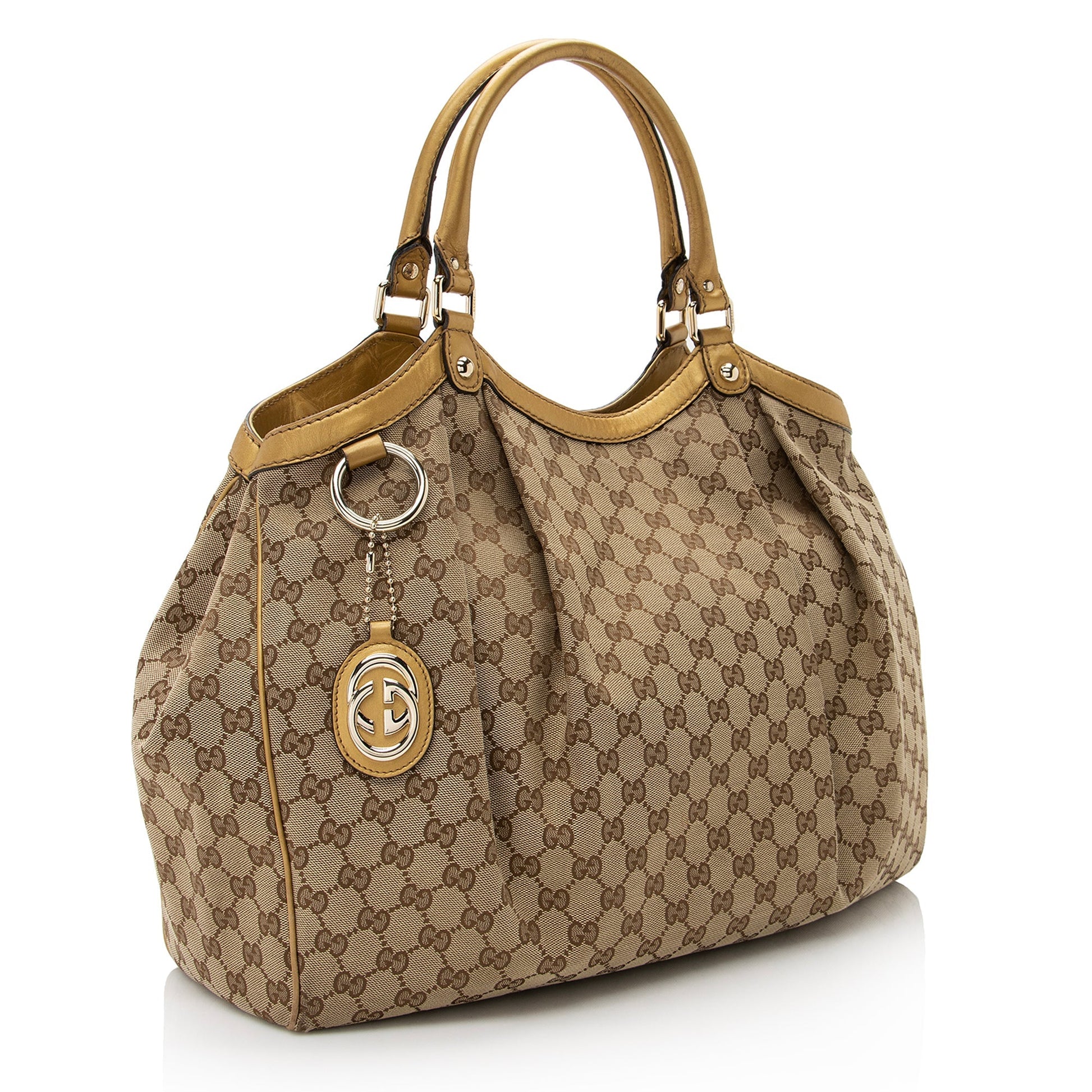 Gucci GG Metallic Sukey SHF Leather Canvas Beige Gold Tote Bag